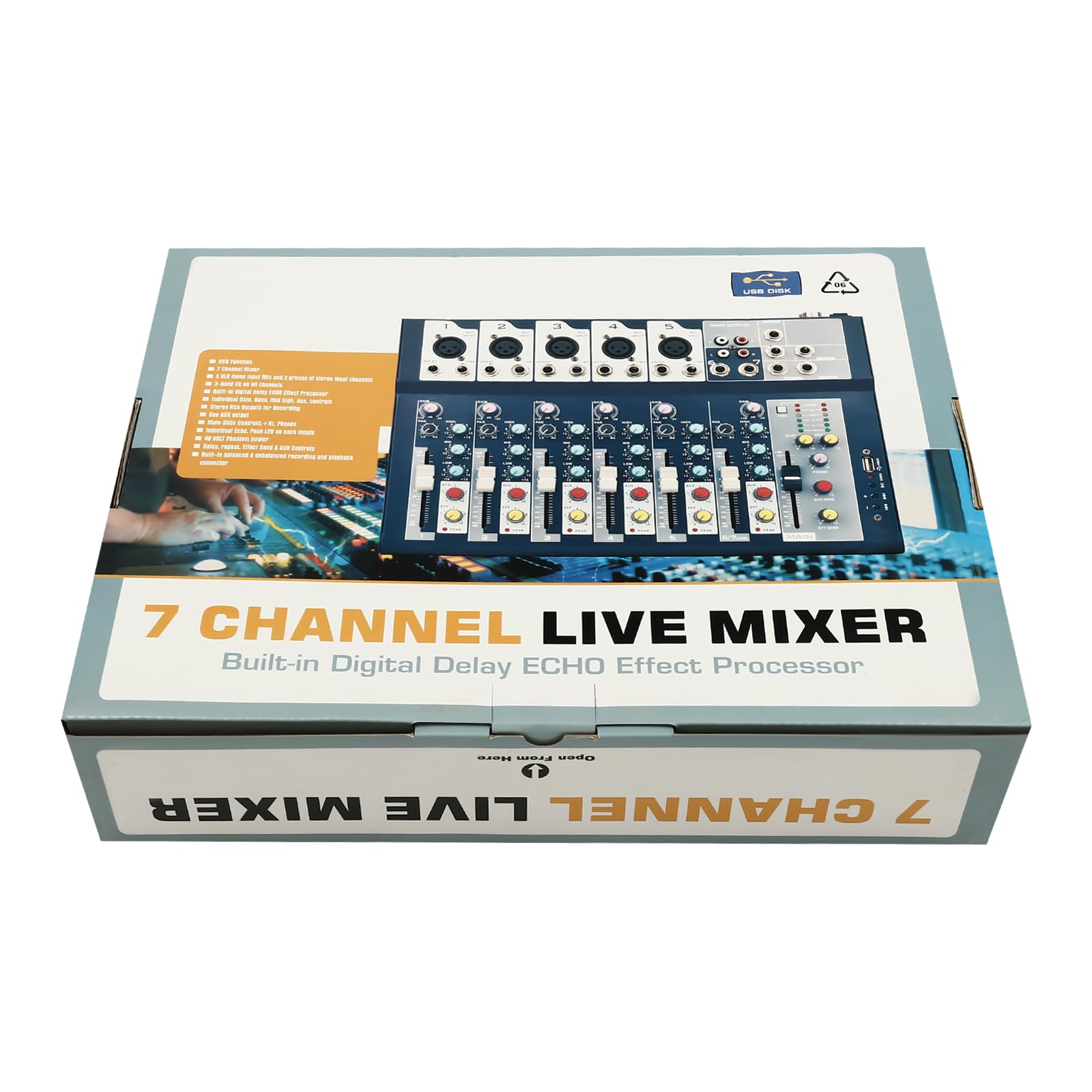 Mixer, mixer audio a 7 canali con Bluetooth, amplificatore audio USB, console mixer per live, registrazione, PC, karaoke e voce di gioco