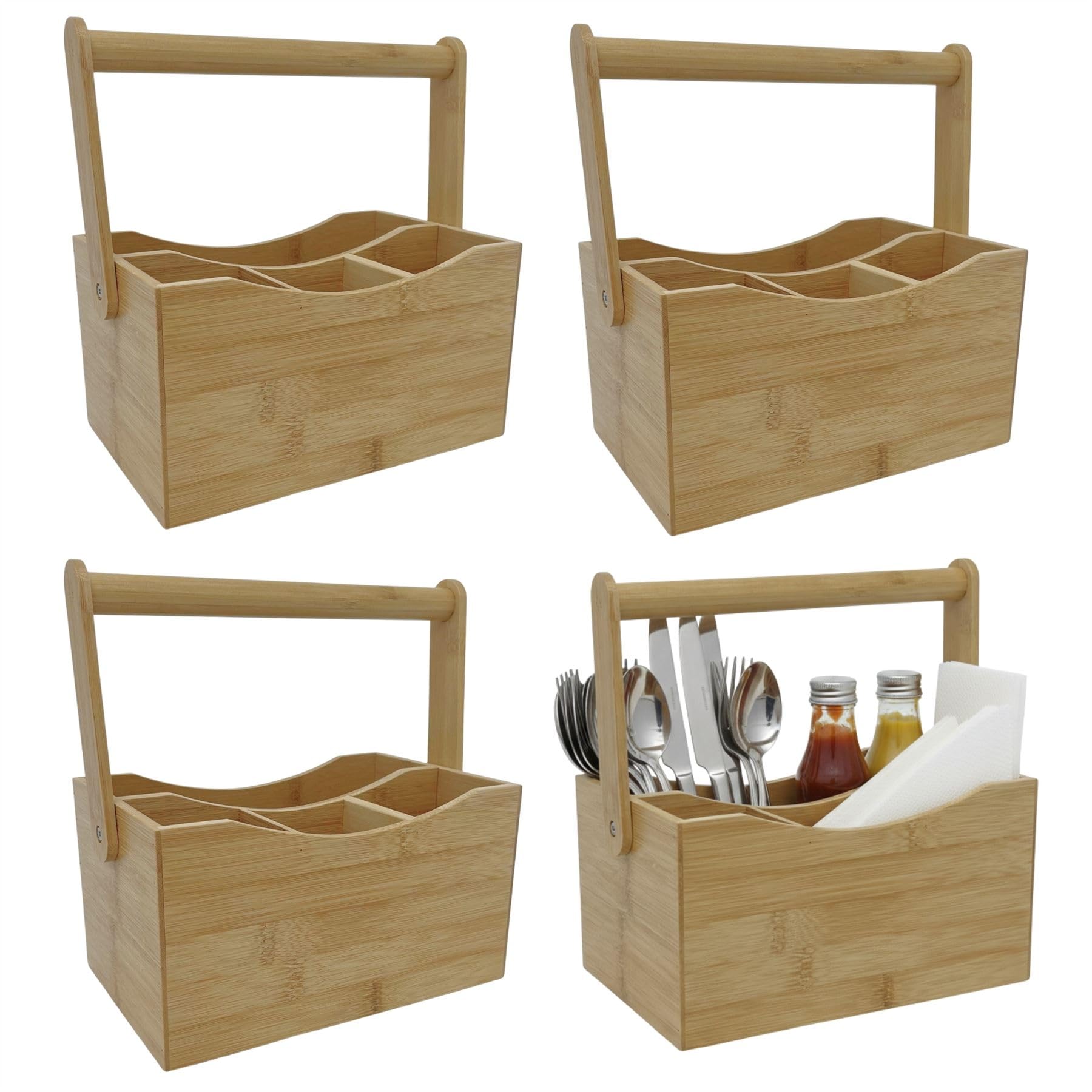 Carousel Home Set of 4 Wooden Cutlery Holders, Table Storage Caddy with 4 Compartments for Sauces Cutlery Napkins, Countertop Organisers for Kitchen, BBQs, Bars