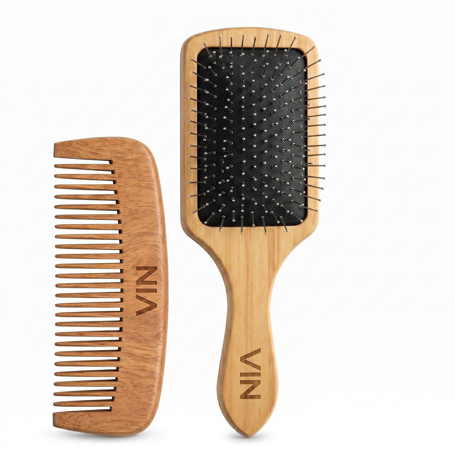 VIN Wooden Paddle Hair Brush and C -Shape Comb Combo, Natural Wood, Detangling, Scalp Massaging, Metal Pins | Promotes Healthy Hair & Reduces Hair Loss | Eco-Friendly & Durable | for All Hair Types, Men and Women, 2 Pieces-image-36