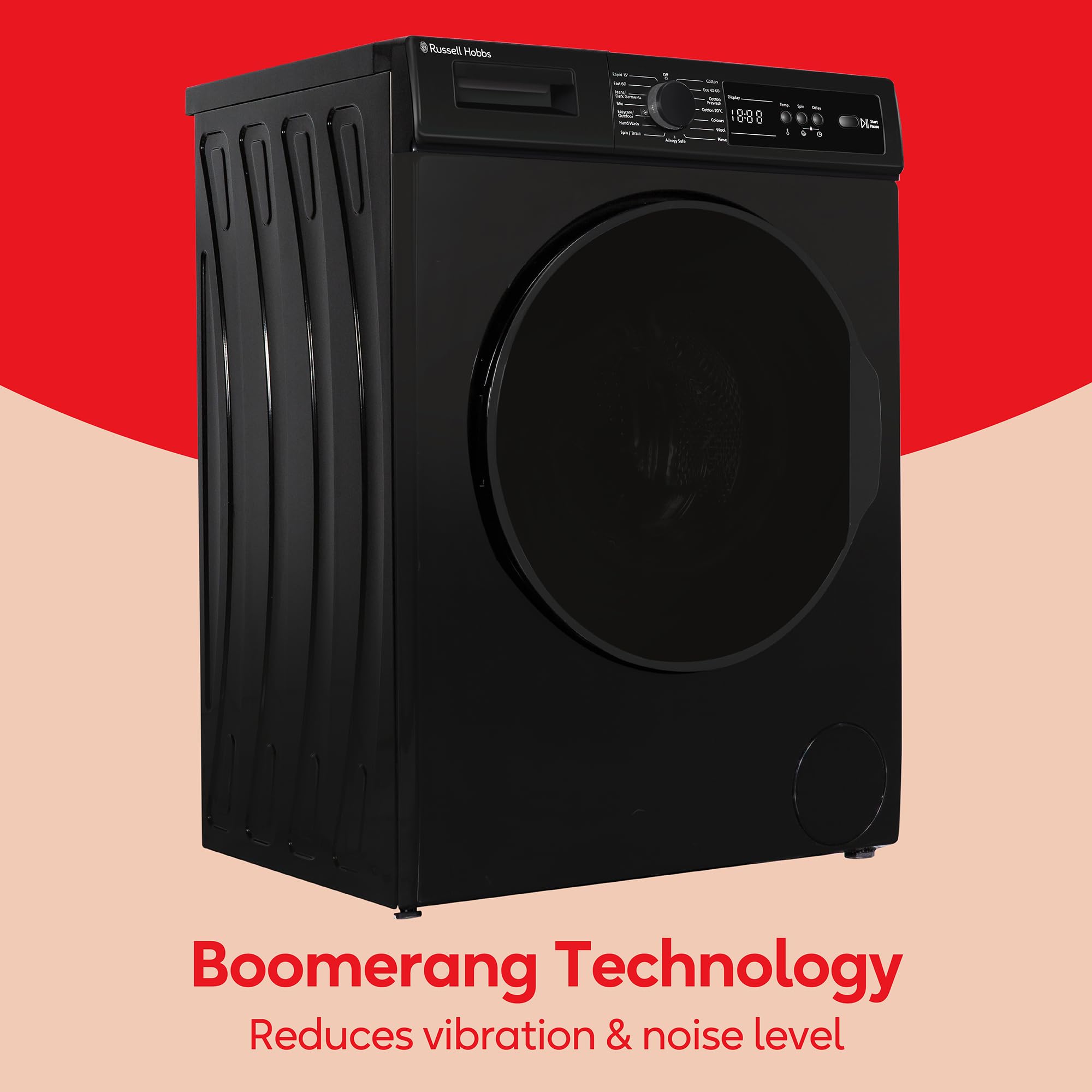 Russell Hobbs Freestanding Washing Machine, 8kg Capacity, 1400 rpm, 15 Programmes, Eco Technology, Rapid Wash Cycles, Black, RH814W111B — view 3
