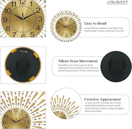 Miniatura 3 de Reloj de pared dorado grande, 27.6 pulgadas, silencioso, funciona con pilas, diseño moderno de cristal, ideal para decoración de sala de estar