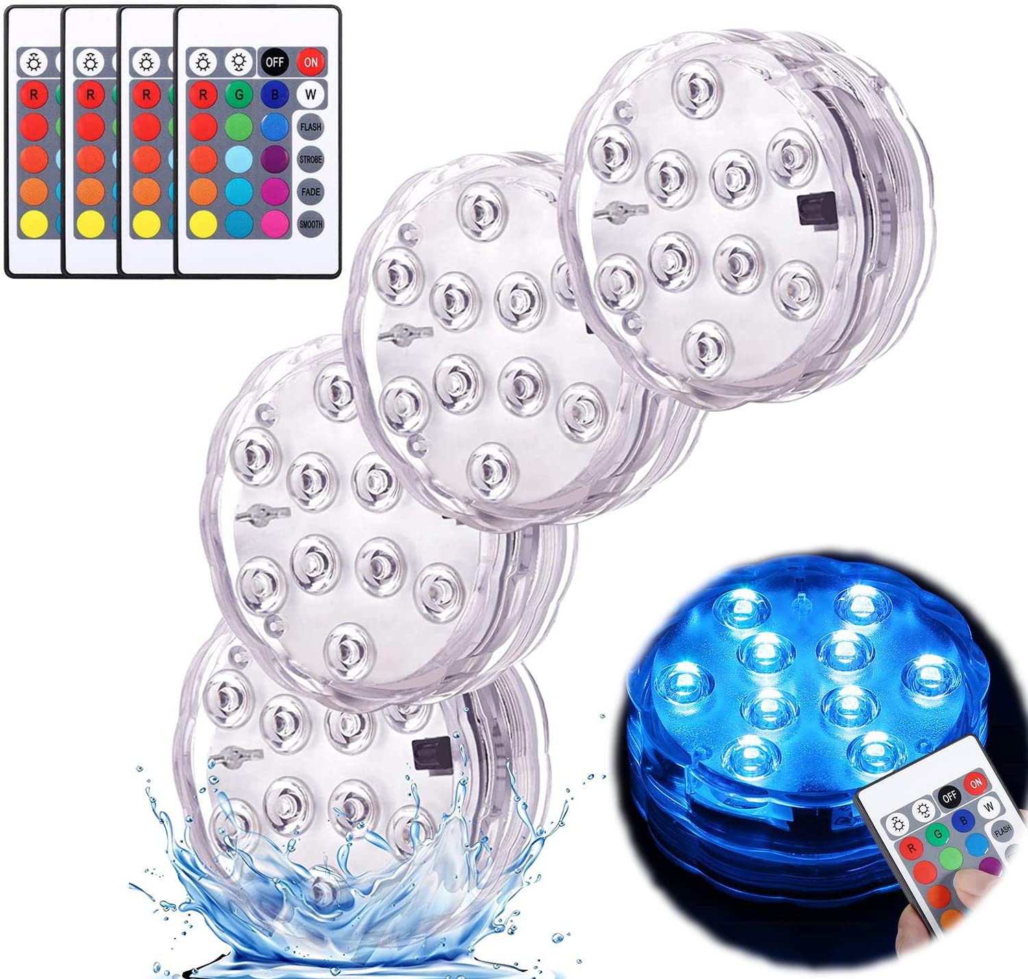 ELECDON Submersible LED Lights, Pool Lights with Remote Control 10 Bright LED Multicolor Waterproof Underwater Light, for Garden, Aquarium, Swimming Pool, Fish Tank, Vase Base, Home Decor (4 Pcs)