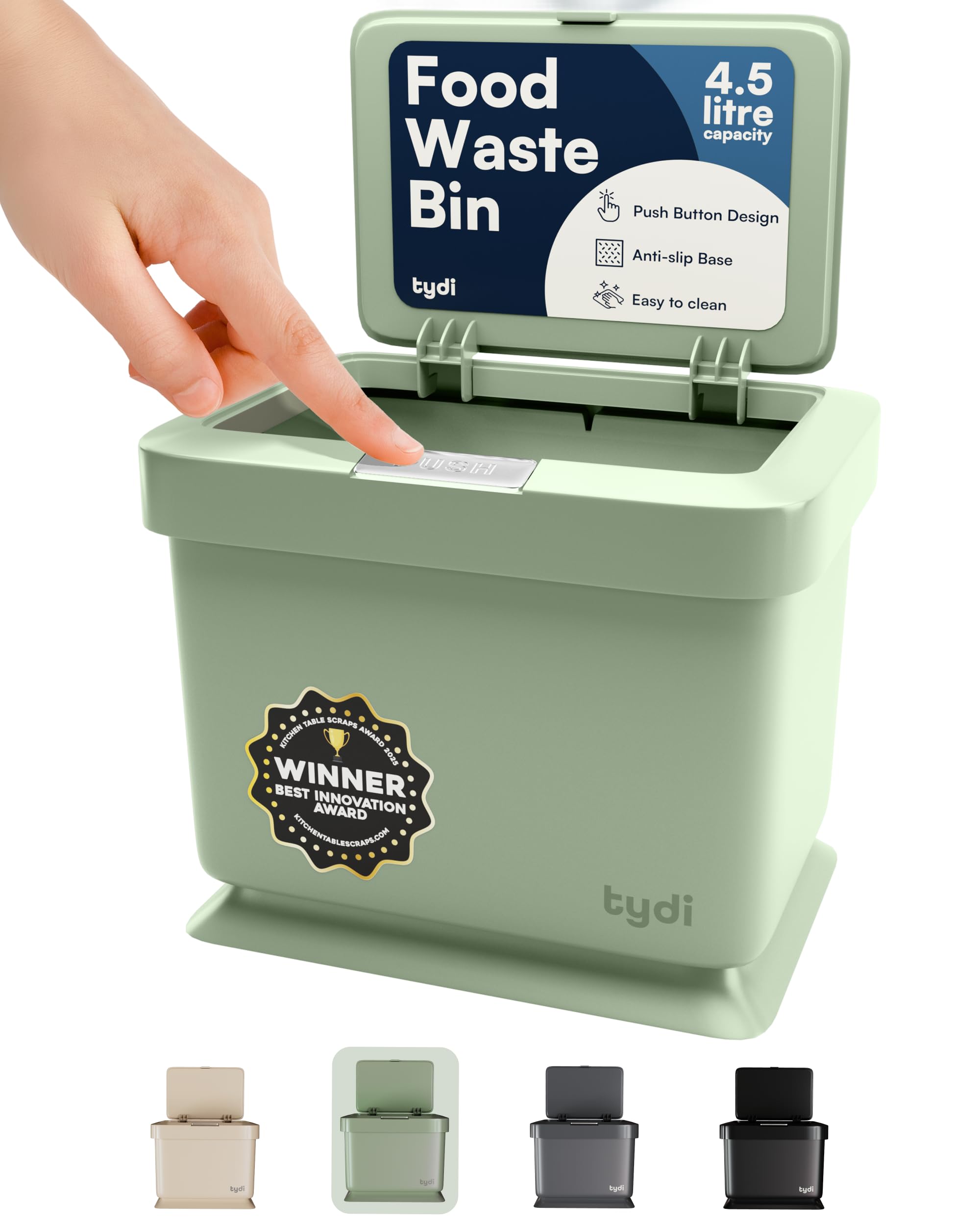 Tydi 4.5L Food Waste Bin with Press-Button Lid – Compost Bins for Kitchen - Anti-Slip Base and Secure Lid Kitchen Compost – Small Indoor Caddy for Cupboard or Countertop – Mint