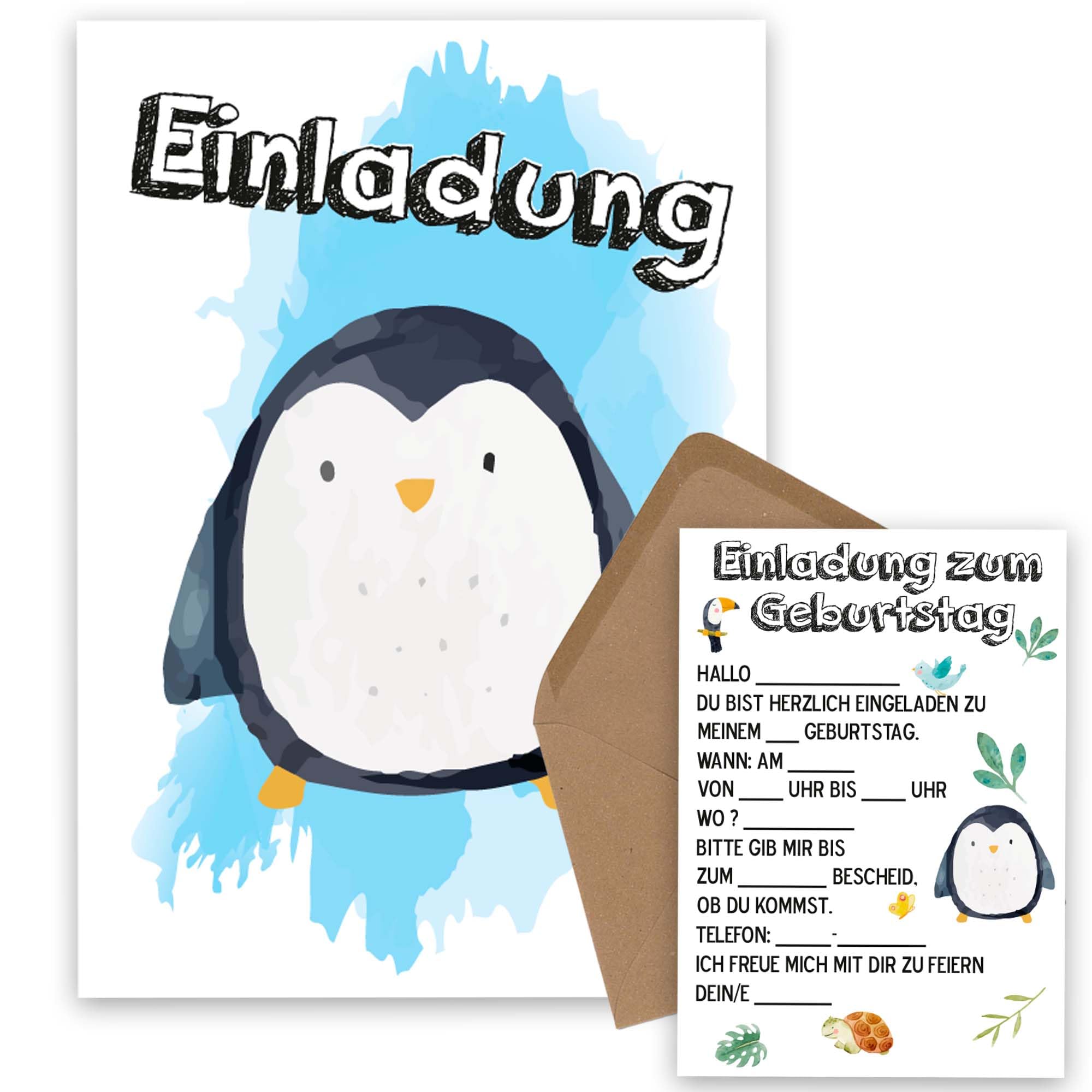 OWLBOOK Pinguin Safari 50 Einladungskarten Kindergeburtstag Junge Mädchen Kinder - Wilde Tiere Geburtstag - Kindergeburtstagseinladungen Wald Tiere Zoo Dschungel Einladungen zum Ausfüllen mit
