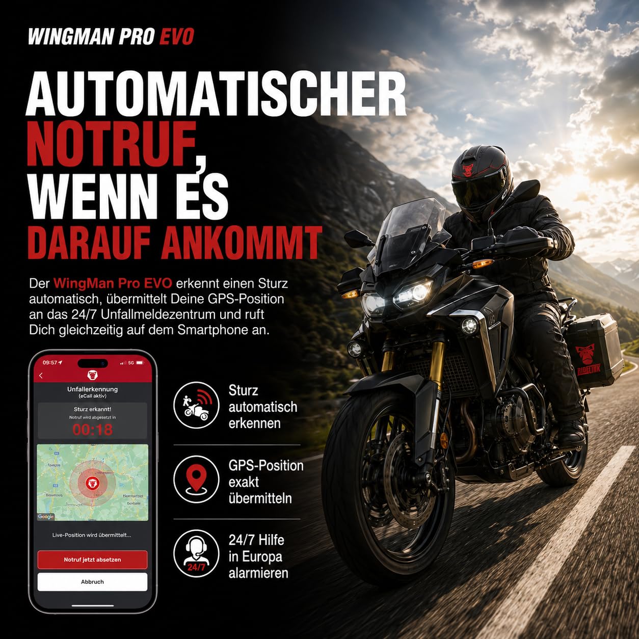 GPS Tracker Motorrad RideLink Wingman Pro Evo | 1 Hz Live Tracking, Diebstahlmelder & eCall | Motorrad Navigation, Routenplaner, Community | OBD2 Daten, Schräglage, Fahranalyse | IP67 | Made in Japan
