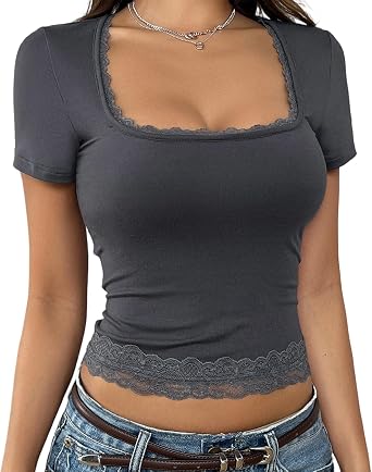 Women Crop Top Short Y2k Sleeve Cute Tees Teen Girls Lace Trim Scoop Neck Slim Fit Short Shirt Streetwear