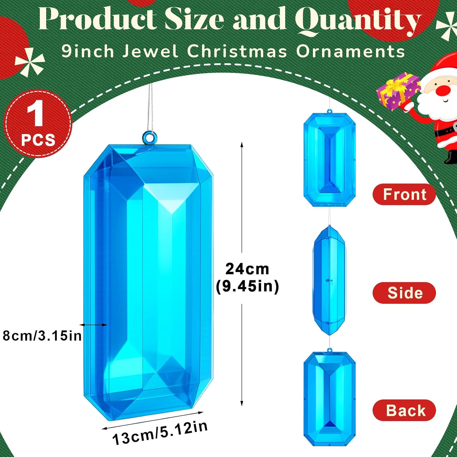 Syhood 9.5 Inch Jumbo Jewel Ornament Large Jewel Ornaments for Christmas Tree Acrylic Glitter Christmas Gem Hanging Decorations for Xmas Wedding Holiday Party Decor(Sky Blue, Rectangle) - Image 2