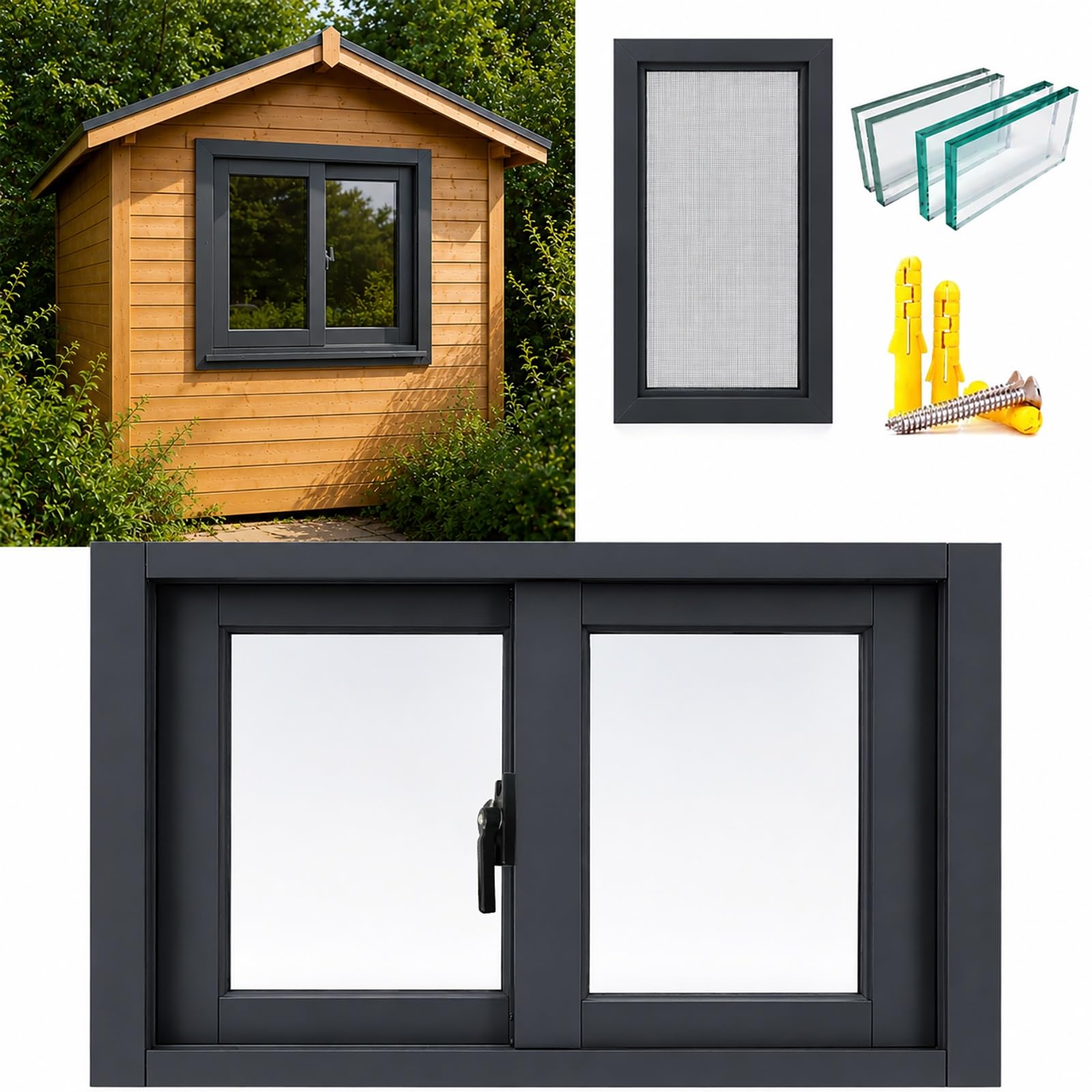 Sliding Basement Window, 76 Series Aluminum Alloy Frame, 1.2mm Thick, Double Pane Tempered Glass, Weather-Tight Seal, for Shed, Chicken Coop, Garage(Dark Gray,29"x23")