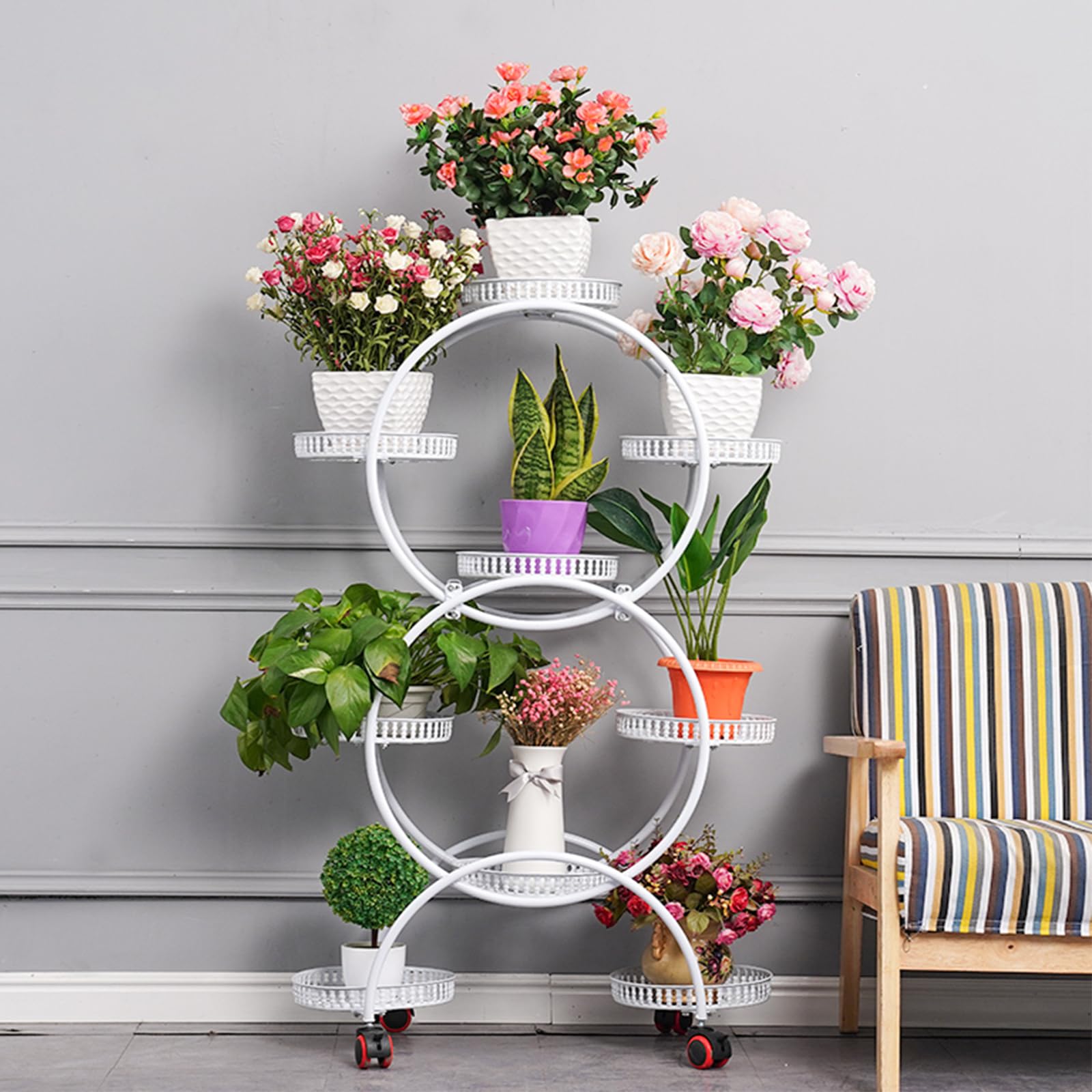 JIXDILO 6 Tiers Metal Plant Stand with Wheels, Indoor Outdoor 9 Pots Flower Stand,Vertical Tall Flower Pot Holder, Movable Planter Display Corner