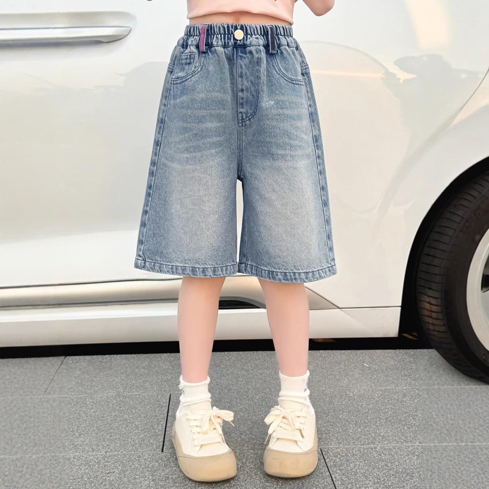 Short en jean élastique taille haute pour filles - Bermuda ample ample pour l'été tendance pour enfants