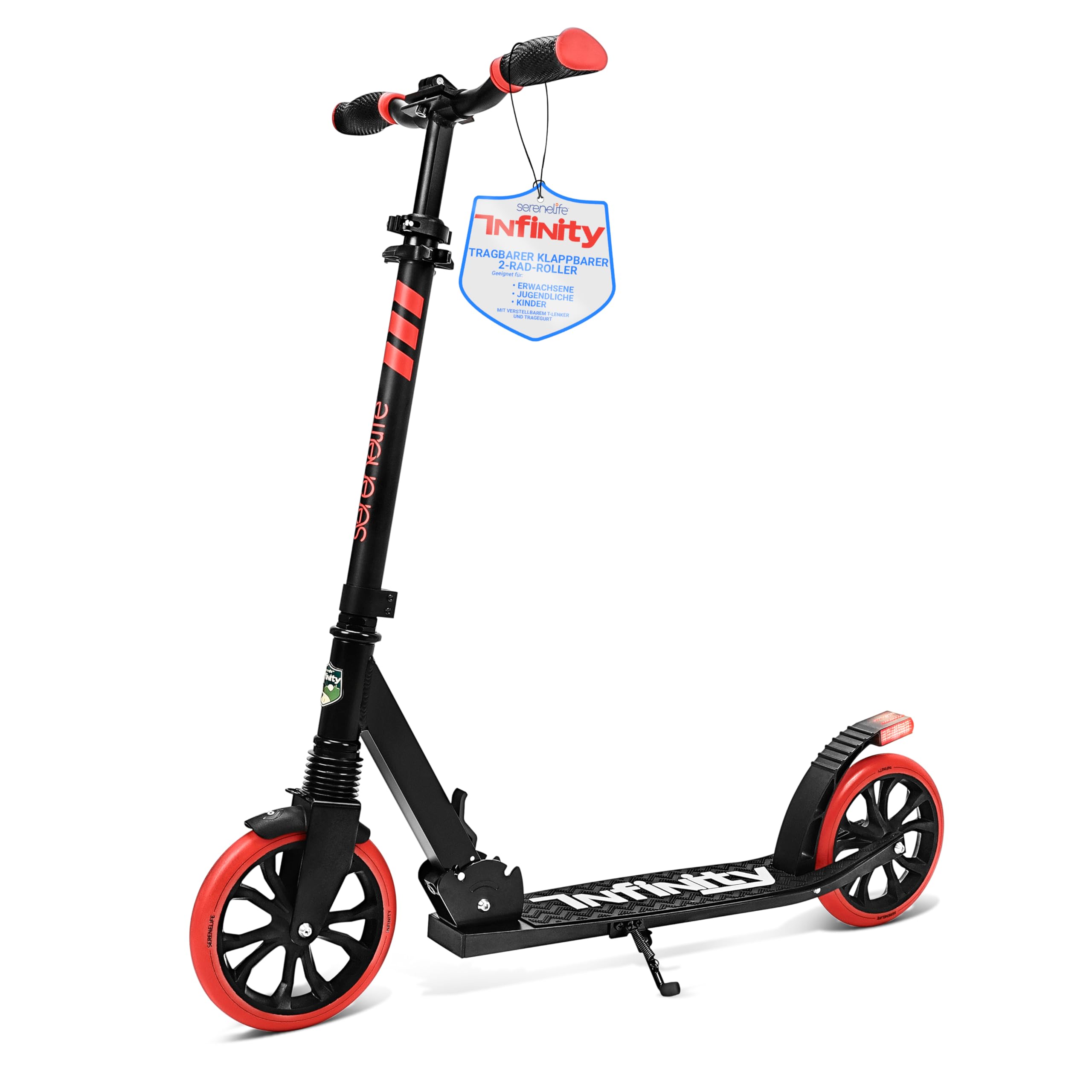 SereneLife Roller, Stabiler Cityroller, Höhenverstellbarer Big Wheel Scooter, Klappbar Inkl. Tragegurt, Ständer und Trittbremse, für Kinder und Erwachsene bis 100kg, Rot