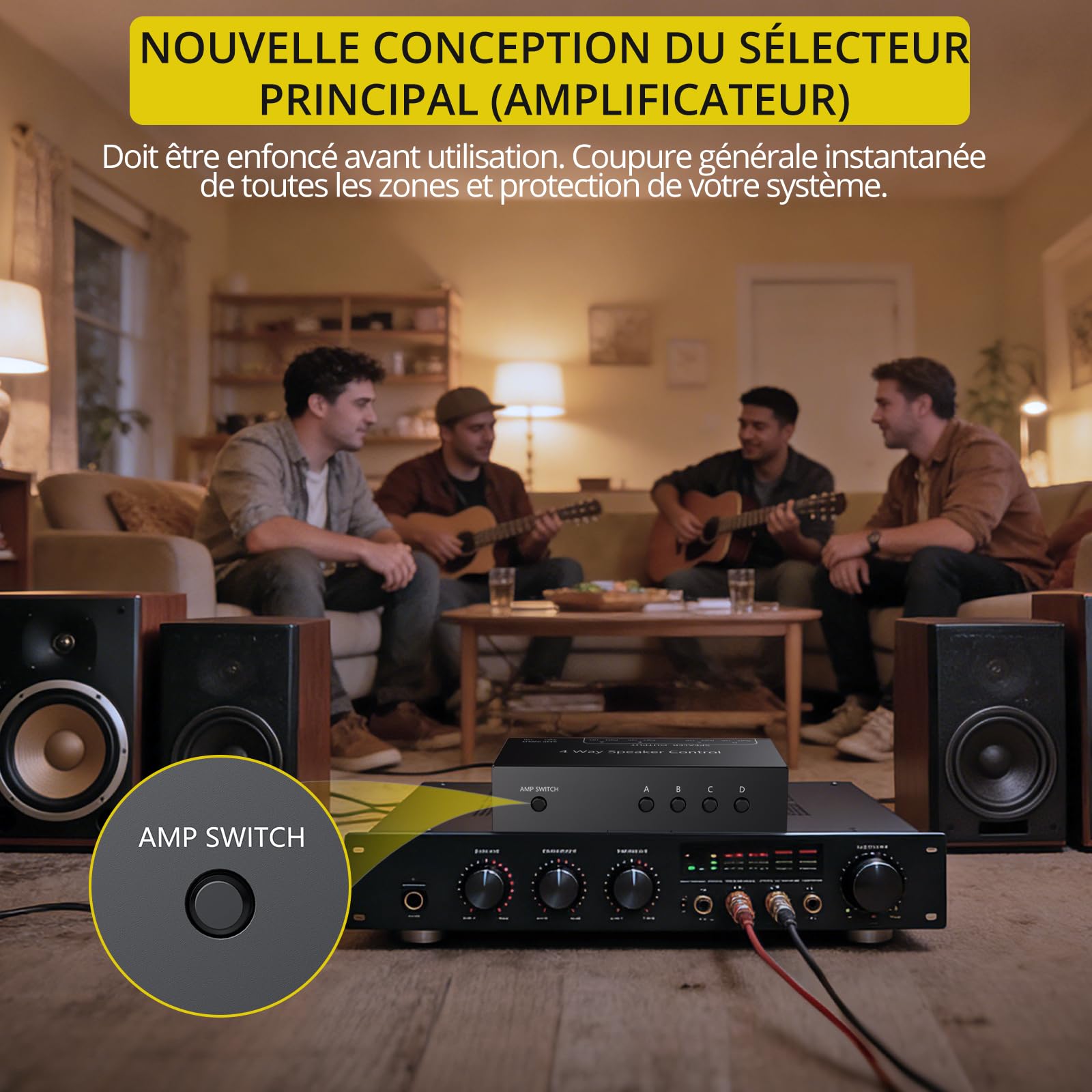 PROZOR Sélecteur Haut-Parleurs 4 Zones Passif 1 Entrée 4 Sorties avec Boutons A/B/C/D et Interrupteur Maître 150W/Canal Bornes à Ressorts pour Maison Commerce