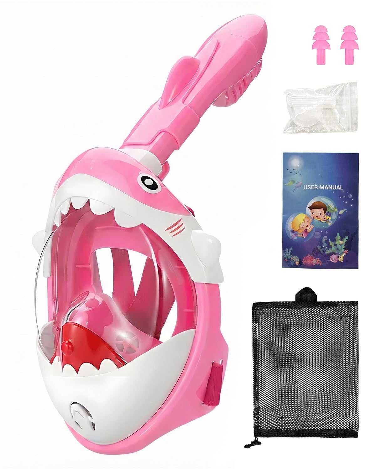 Zumhigh Kids Snorkeling Mask Full Face Design, 180° Panoramic View Children's Snorkel Mask with Dry Top System, Anti-Fog Anti-Leak Shark Theme Diving Mask for Swimming & Water Sports