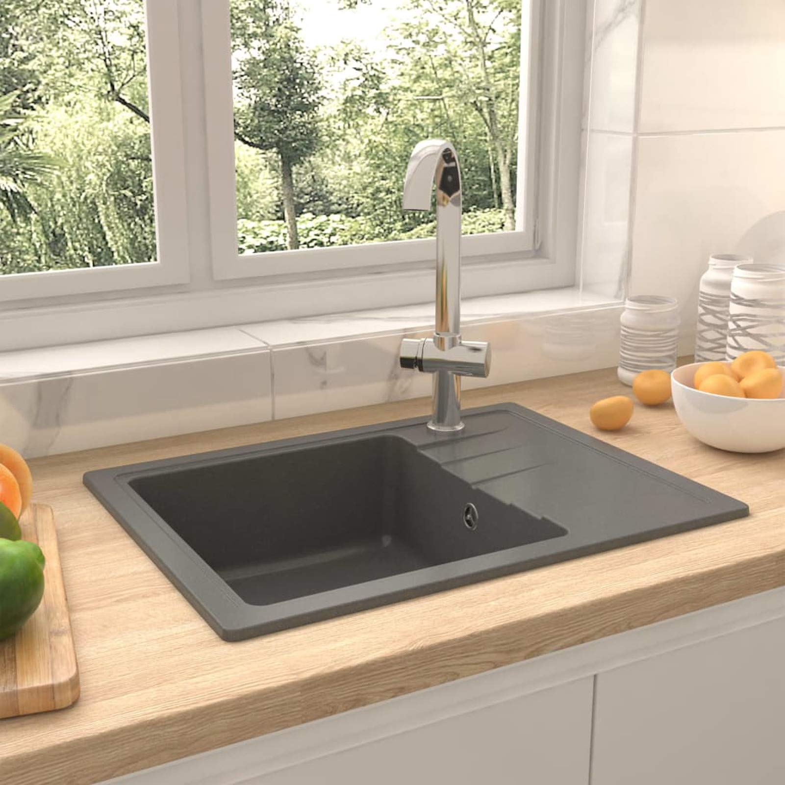 Chusui Fregadero de Cocina con rebosadero Ovalado Granito, Mueble Pila Lavadero, Pila Fregadero Cocina, Fregadero sobre Encimera, Fregadero baño Encimera, Picas De Cocina, Gris