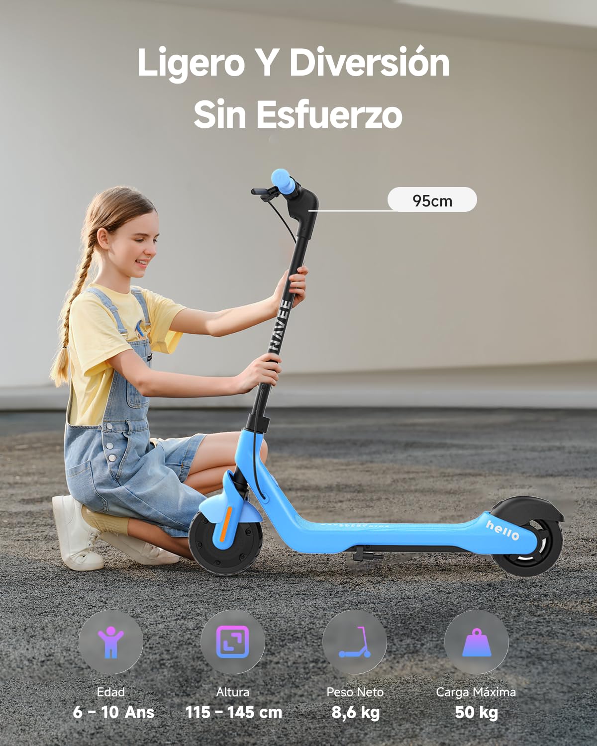 NAVEE K100 Patinete Eléctrico para Niños, Control Parental vía App | Autonomía de 14 km, 3 Modos de Velocidad 16 km/h, Luces RGB, Neumáticos Macizos de 7", para Niños de 6 a 10 Años