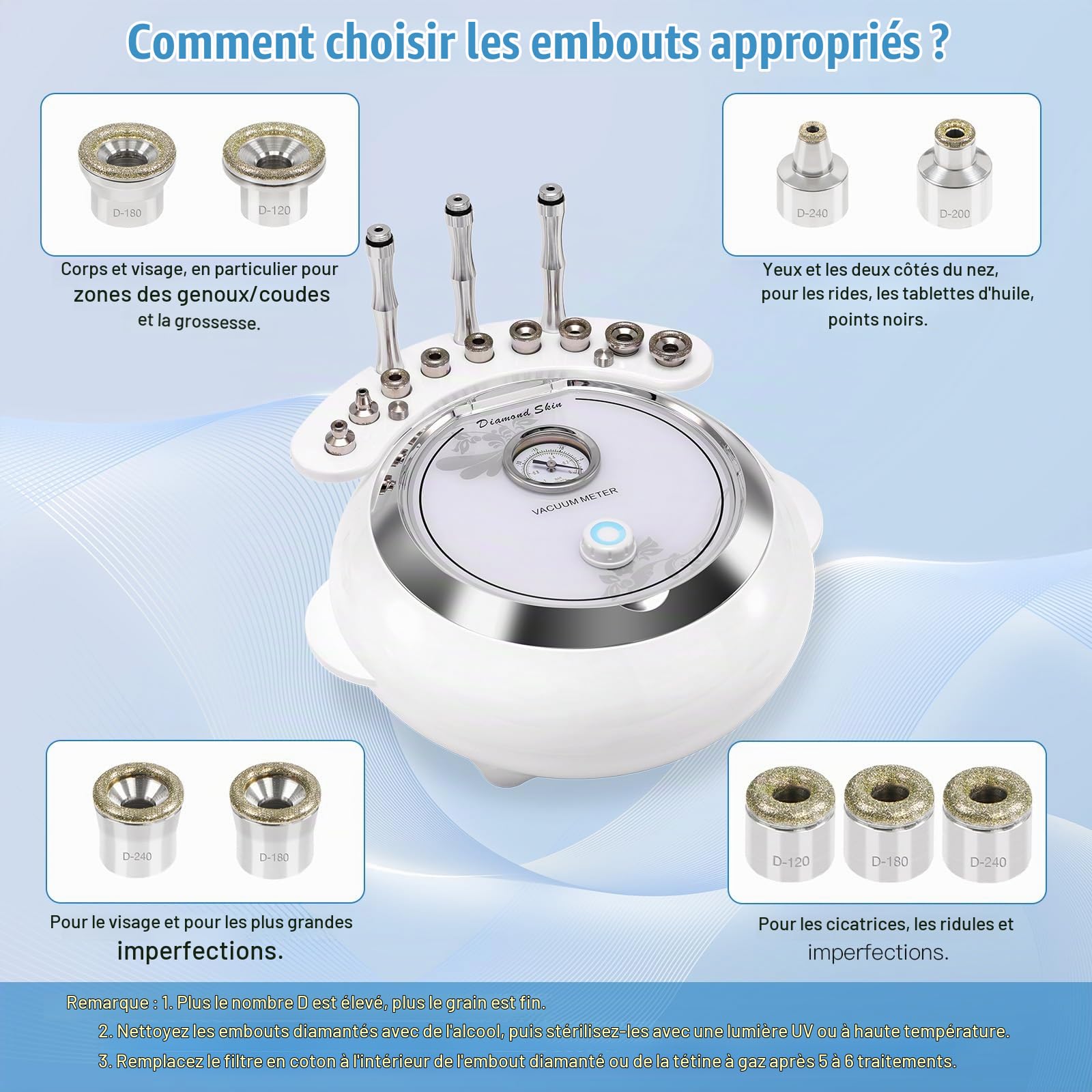 Machine De Microdermabrasion Diamantée 3 EN 1, équipement De Salon De Soins Du Visage avec Aspiration ET Pulvérisation (Forte Puissance D'aspiration 65-68cmhg)