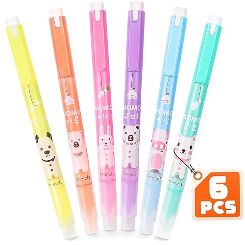 Juego de 6 tiernos resaltadores Kawaii Novelty de tinta fluorescente con dibujos de animales y doble punta de 6 diferentes colores para libros
