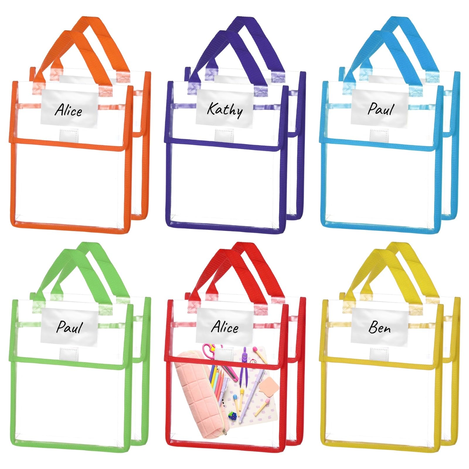 12 buste trasparenti per libri, in PVC spesso con manico e targhetta per il nome, trasparente, 30 x 25,9 x 2,5 cm, per classe, biblioteca, organizzazione ufficio
