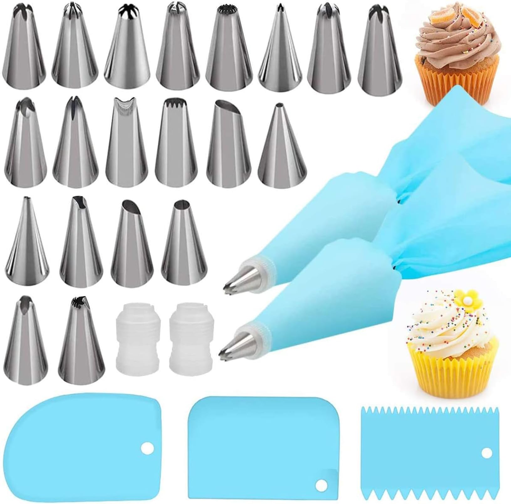 Bolsa de silicona para glaseado, bolsa de pastelería reutilizable y 20 boquillas de acero inoxidable, herramienta de decoración de pasteles (20 boquillas, 2 bolsas de pastelería para crema de glaseado