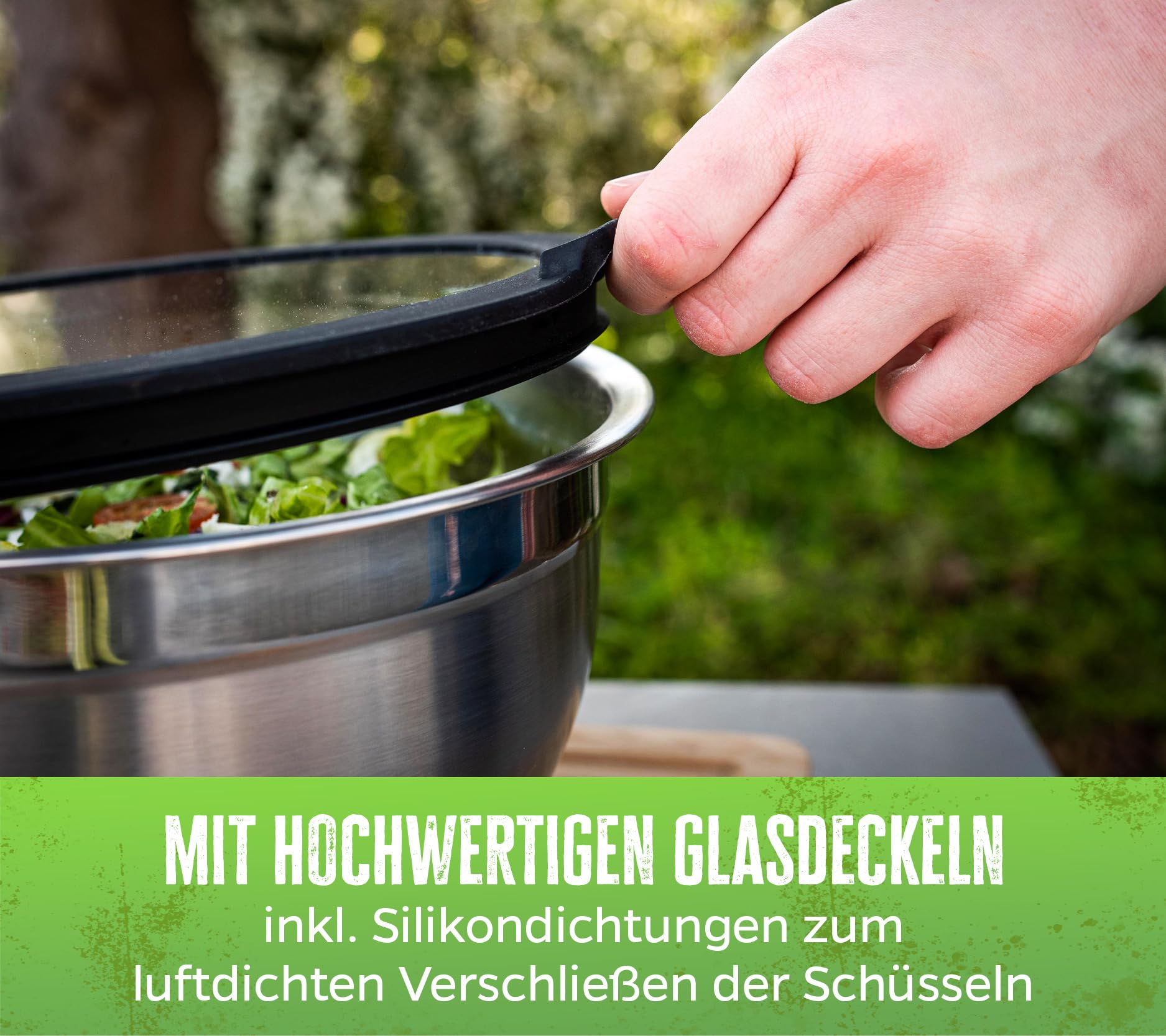 Grillfürst BBQ Edelstahlschüssel Set 3-teilig mit luftdichtem Glasdeckel und Messmarkierung - Rührschüsseln - Salatschüsseln - 1,25l, 2,25l, 4,0l