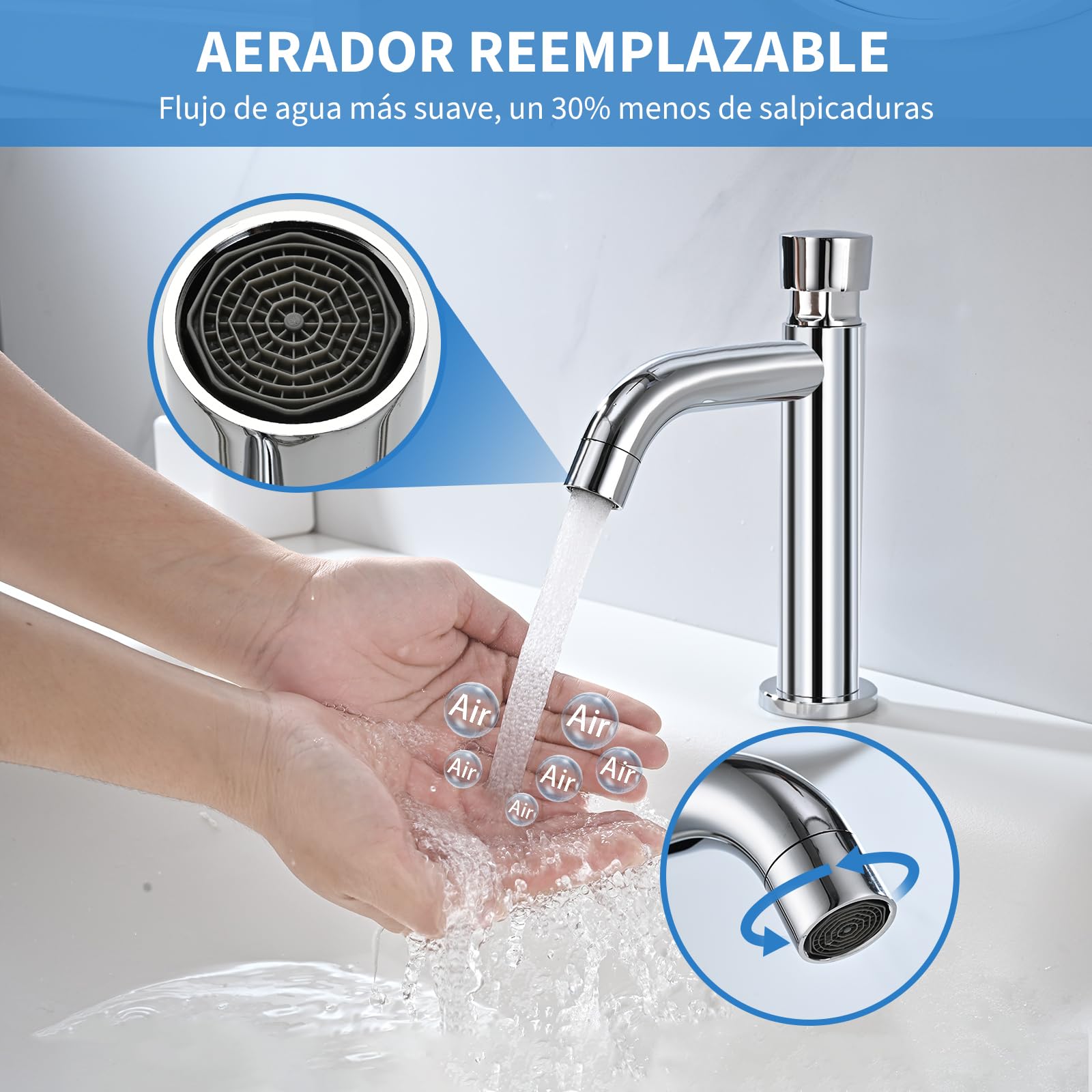 Grifo de Lavabo Solo Agua Fría, BuntHaus Grifo Pulsador Temporizador Con Cierre Automático, Grifo de Baño Cromada Acero Inoxidable