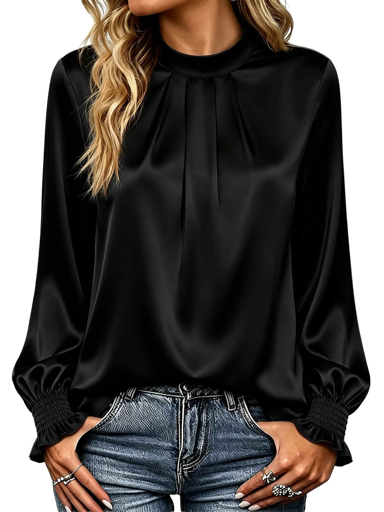 Funlingo Womens Silk Satin Long Sleeve Tops Mock Neck Dressy Casual Blouses Pleated Blouses, Business Casual Outfits, Office Work Shirts, Smocked Cuff Tops, Fall Fashion Must Haves