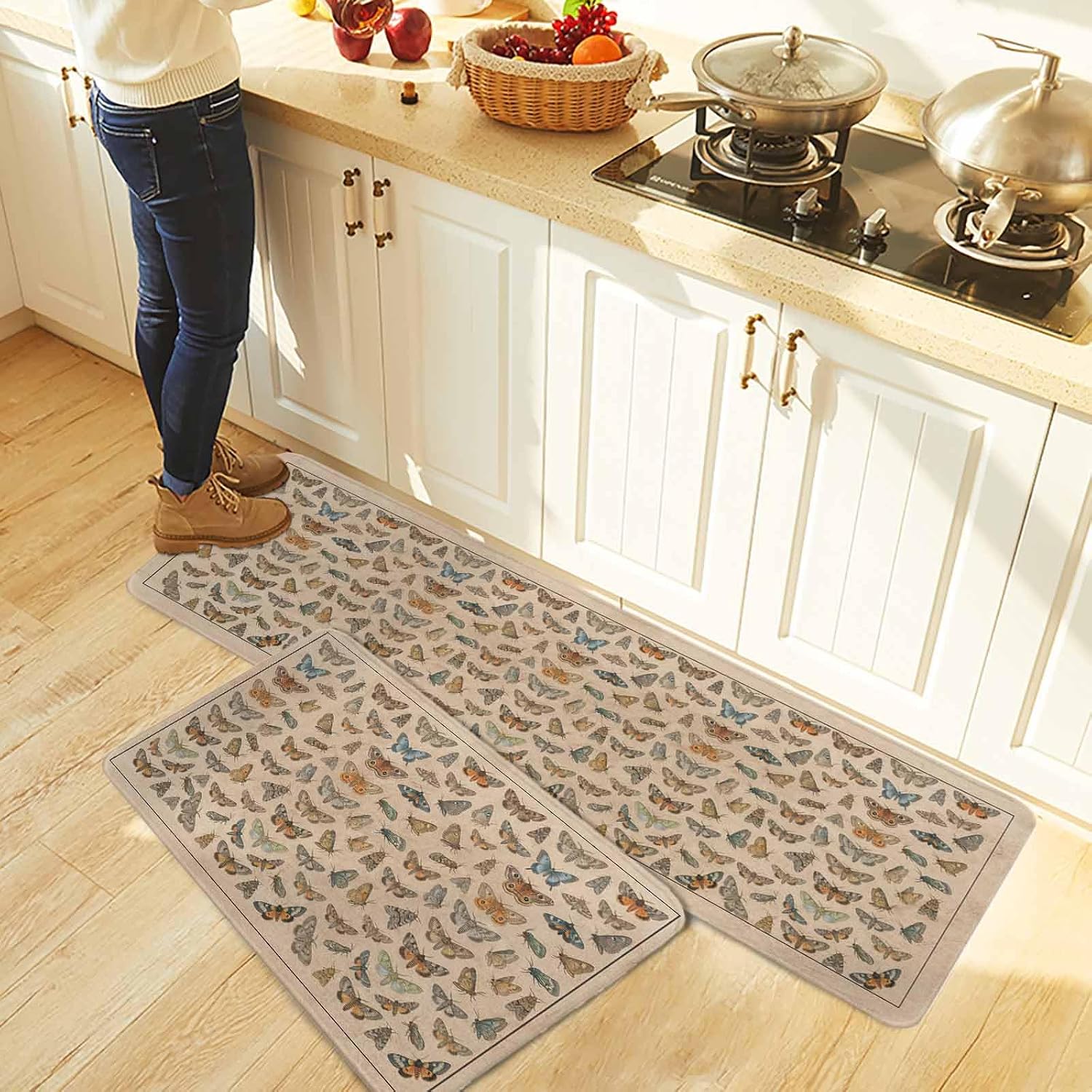 Vintage Butterflies Kitchen Rugs and Mats Set of 2, Non-Slip Kitchen Sink Mat, Retro Animal Biological Atlas Brown Washable Doormat Bathroom Rugs Runner for Bedroom/Living Room 19.7"x31.5"+19.7"x63"