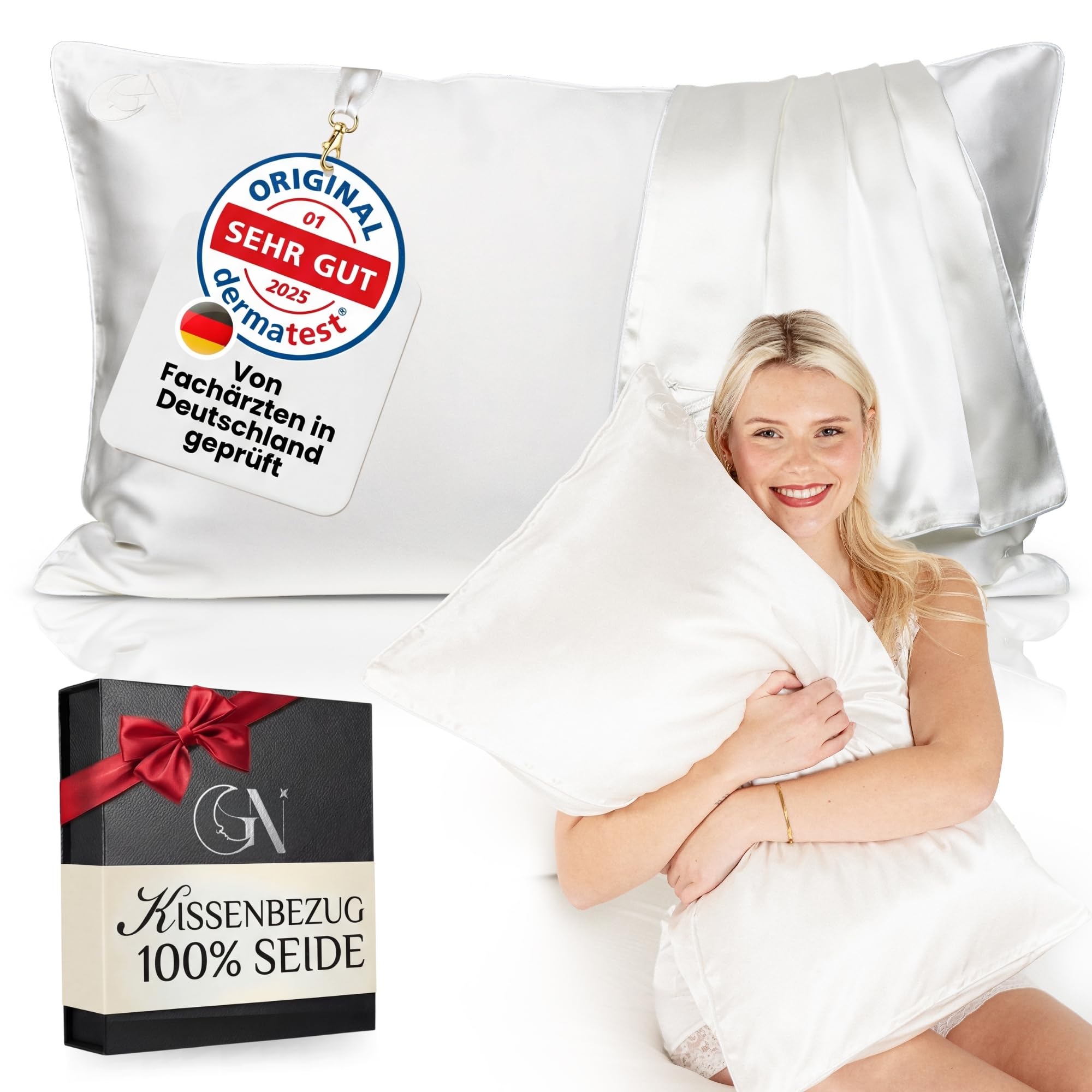 Seidenkissenbezug 40x80 100% Seide für Haut und Haar | Höchste Klasse 6A, 22 Momme | Von Dermatologen Zertifiziert | Seidenkissen | Silk Pillowcase 40x80 (Elfenbeinweiß – gleichfarbiger Rand)