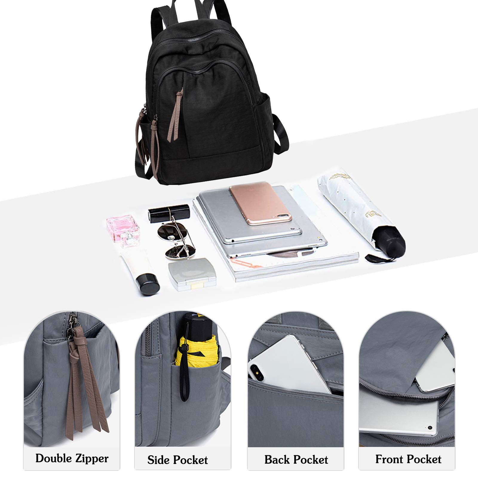 FANDARE Mujer Mochila Casual Bolso Escolar Niñas Livianas Impermeable Backpack Nylon Daypack para Viajes Compras Colegio Conmutar Negro