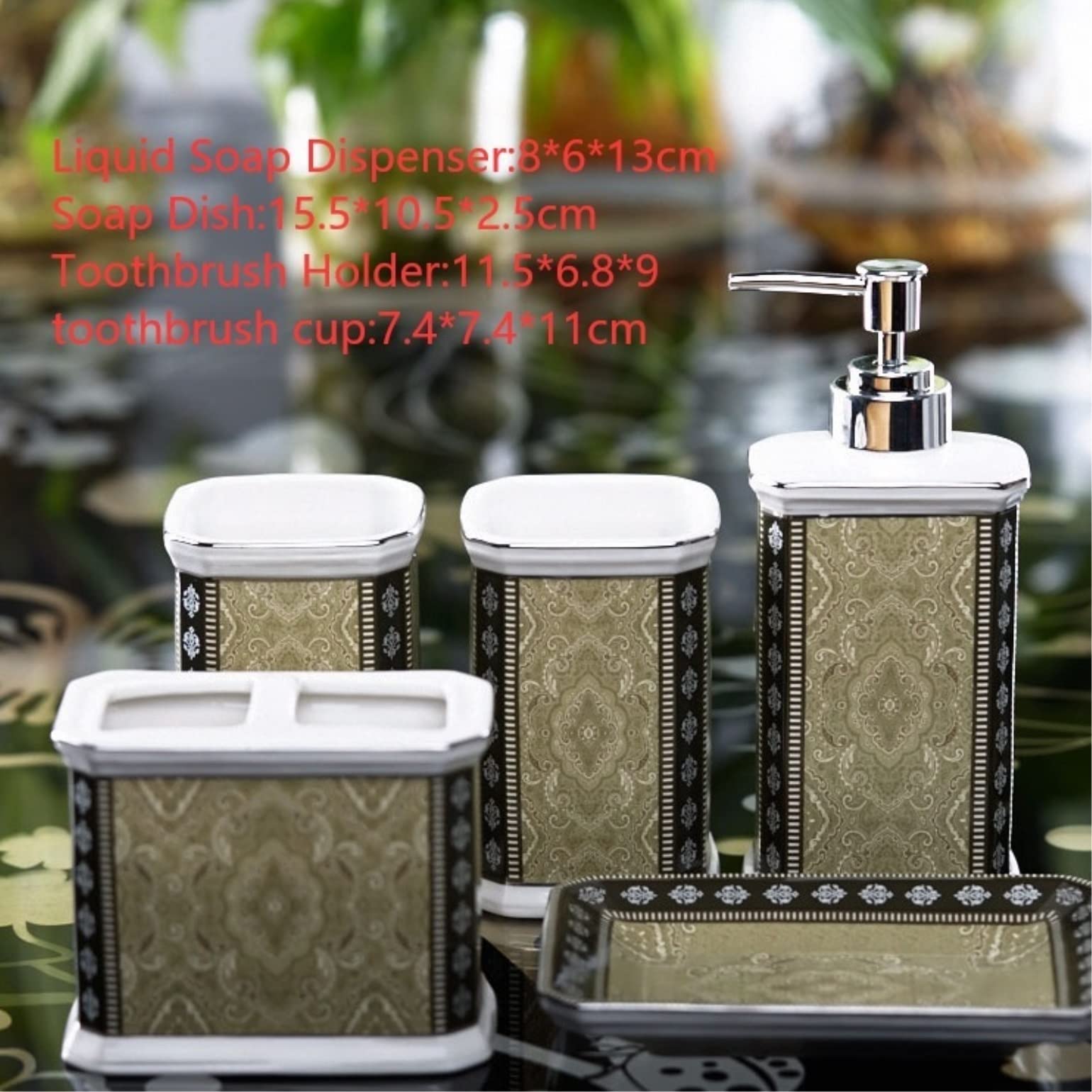 Dispensador Jabón Set Juego De Accesorios De Baño De 5 Uds., Juego De Cerámica, Cabeza Laminada De Borde Plateado De Plástico con Soporte para Cepillo De Dientes Baño Accesorios(Grün)