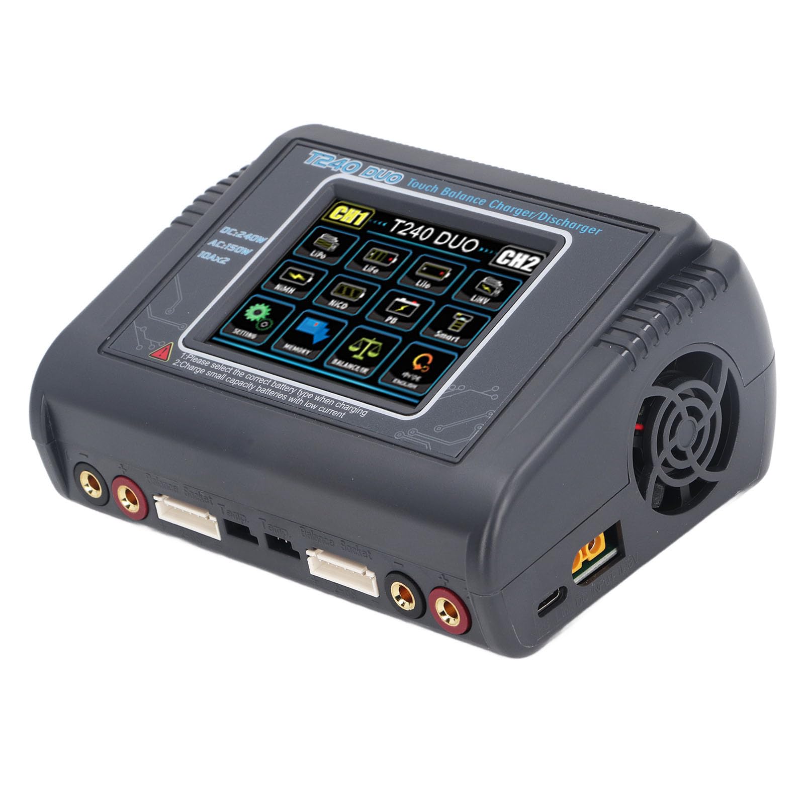 Caricabatterie Lipo, Caricabatteria RC, Touch Screen Professionale a Colori Caricabatterie Efficiente per Doppia Batteria Lipo per Auto RC (Spina UE 100‑240 V)