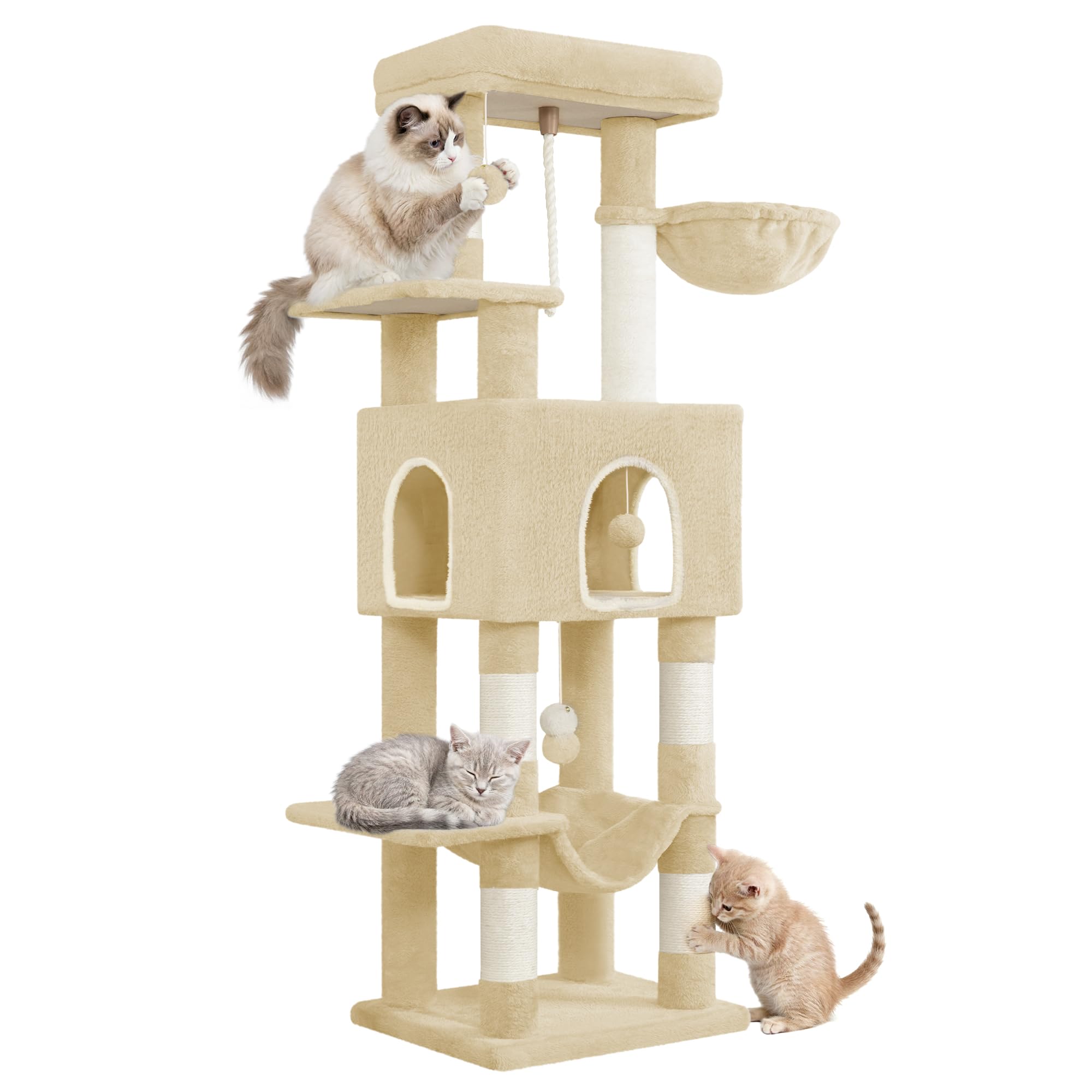 Hzuaneri 162 cm Cat Tree for Indoor Cats, Cat Tower with Large Hiding Cave, Scratching Post with Large Platforms, Multi-Level Cats Activity Center, Sisal Rope, Hammock, Beige MS16218YL — image 1