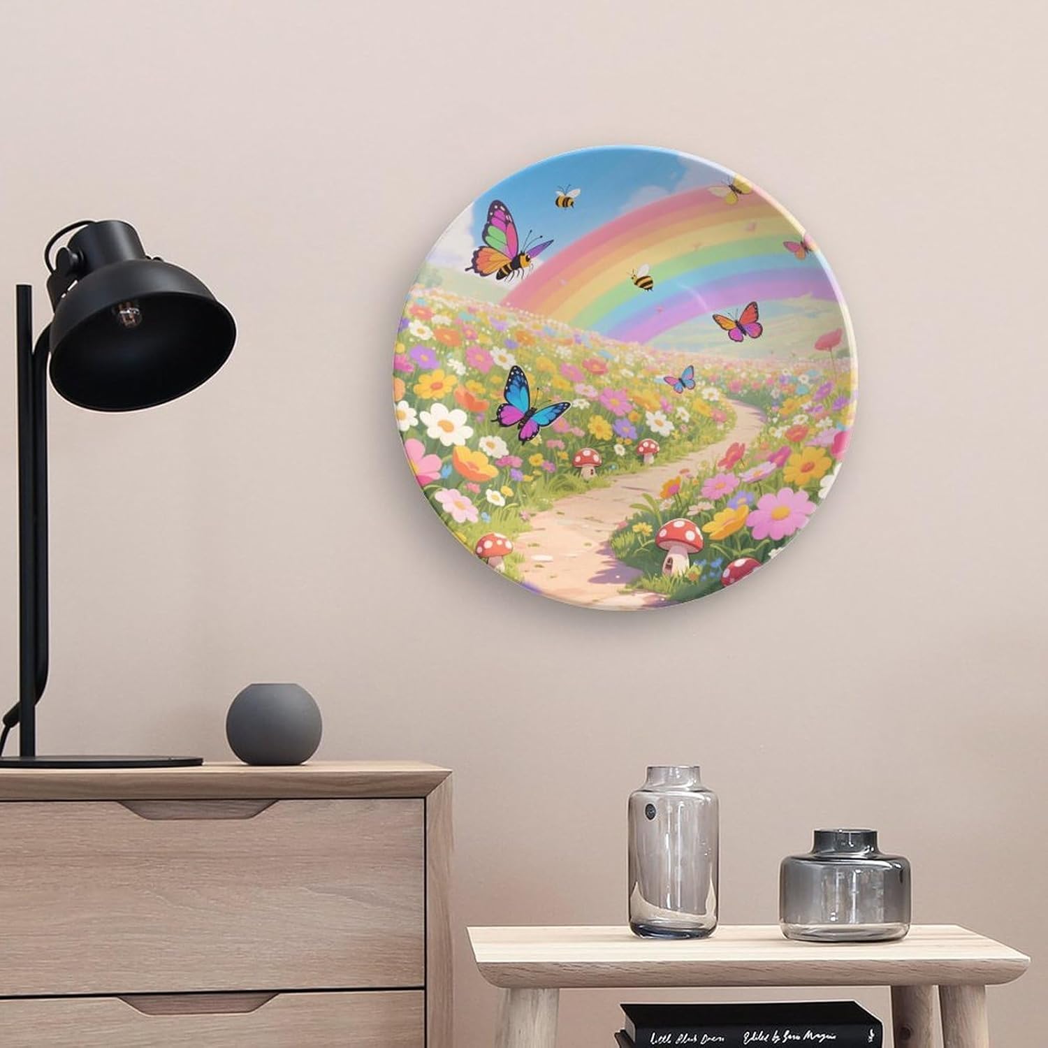 Bone China Decorative Plates Rainbow Flower Sea Ceramic Decorative Plate Wall Decor with Display Stand Ceramic Ornaments for Wall Hanging Decoration