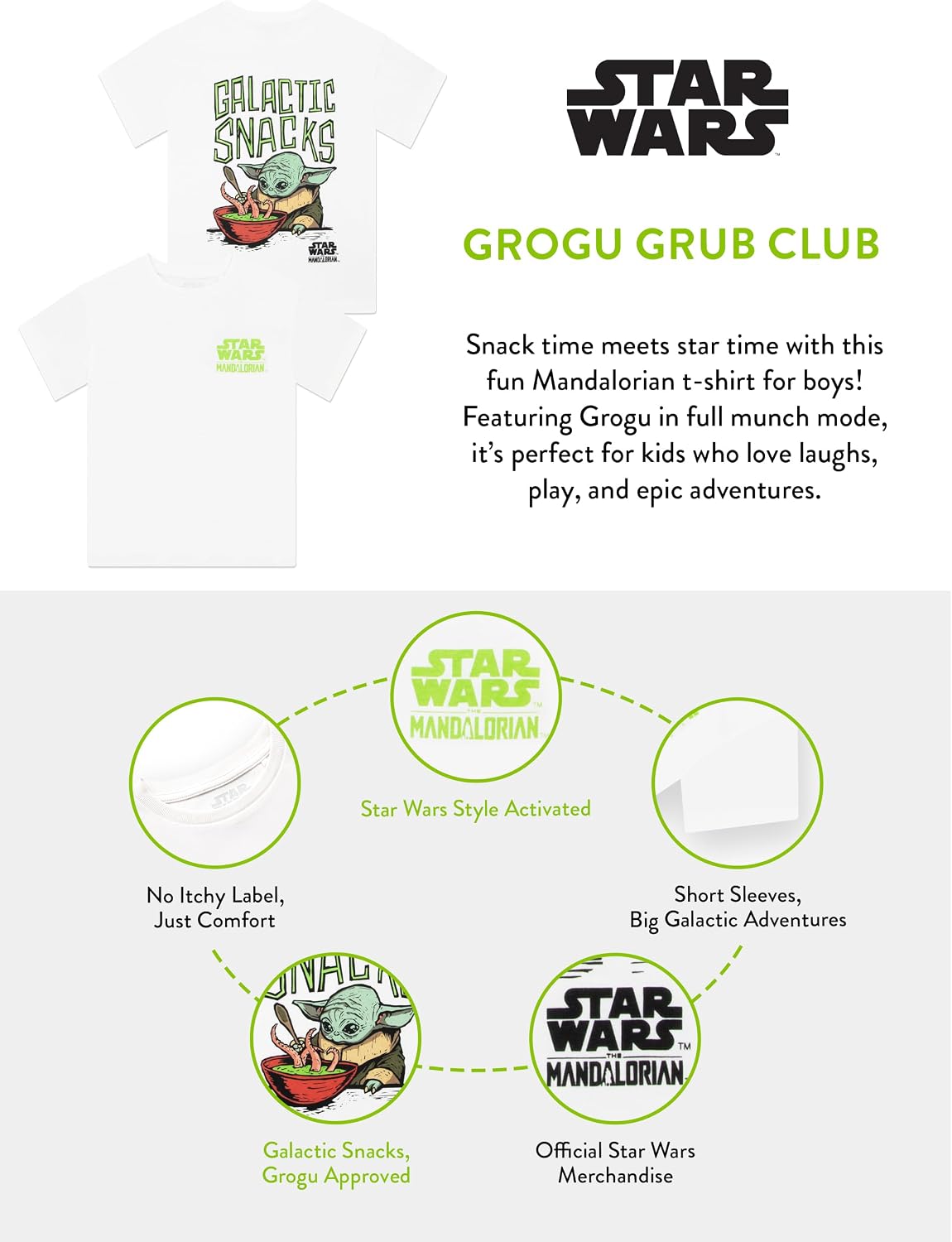 STAR WARS The Mandalorian Shirt for Kids, The Mandalorian and Grogu Boys Tshirt, Grogu Boys Graphic Tees, White 5