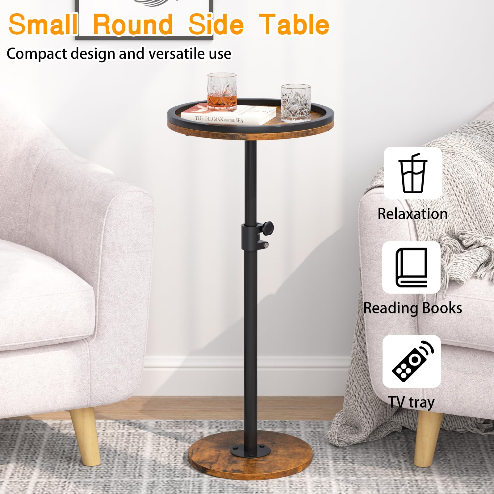 Mesa auxiliar pequeña, mesa de bebidas, mesa auxiliar redonda ajustable en altura, mesa auxiliar de pedestal para espacios pequeños en sala de estar, dormitorio, marrón 4