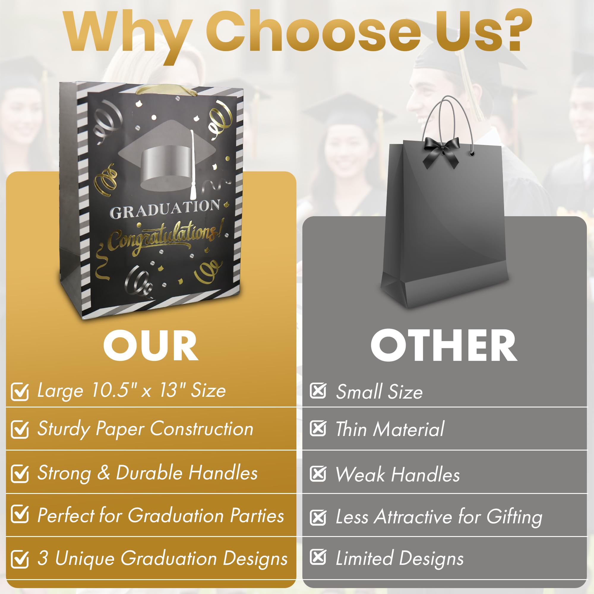 Iconikal 3-Pack Graduation Gift Bags, Large 10.5x13x5.5 Inch, Foil Embellished Designs