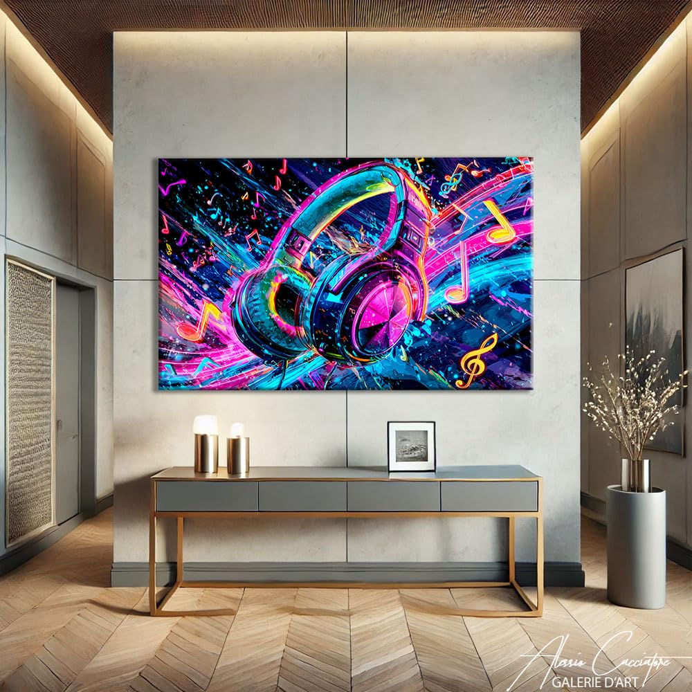 Quadro musicale elettronico – Decorazione studio registrazione – Cornice stampa cuffie audio – arte da parete sonora moderna – Idee Deco camera da letto musicista (60 x 40 cm)