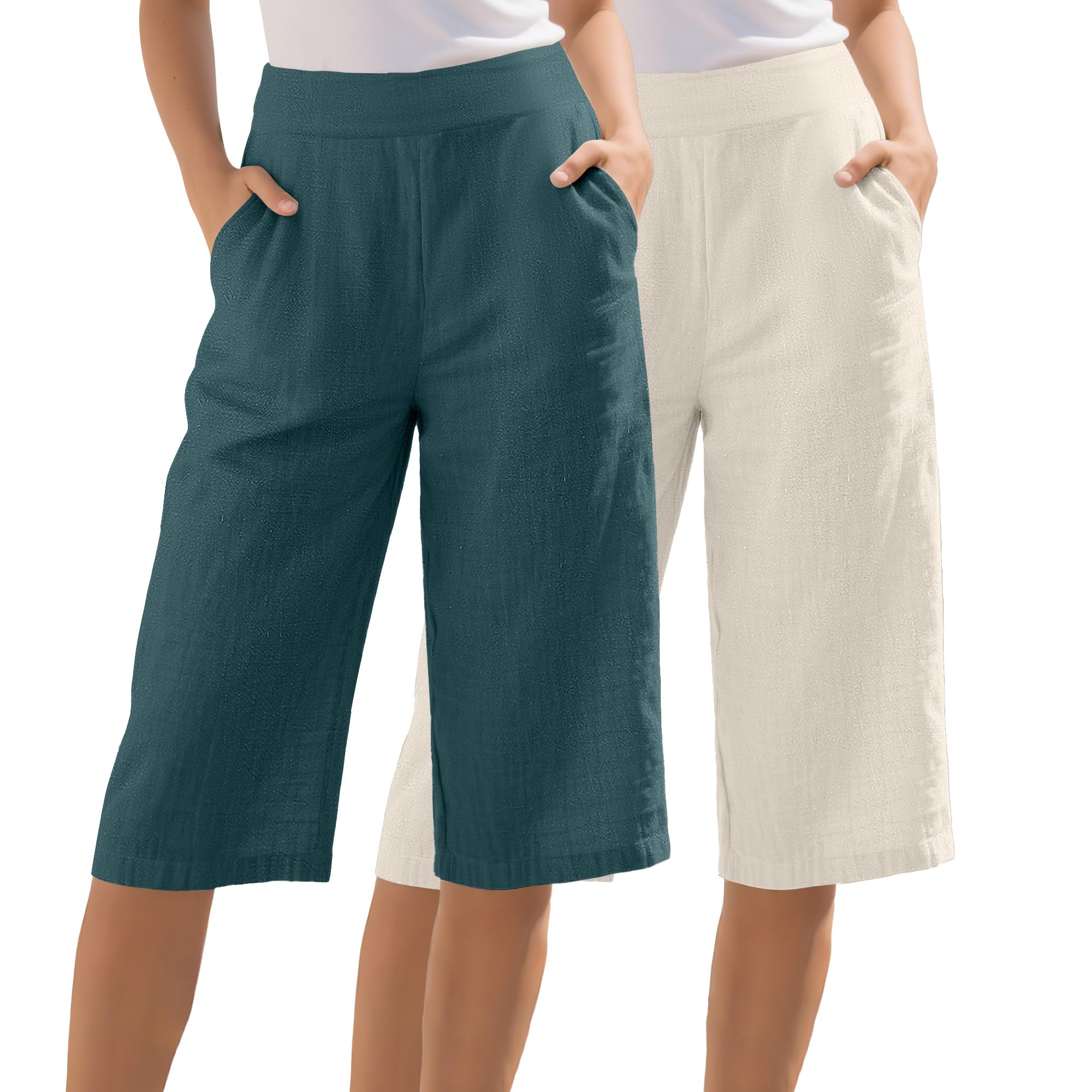 2 Pack Womens Linen Capri Pants Wide Leg Cropped Palazzo Trousers with Pockets High Waist Beach Summer Casual