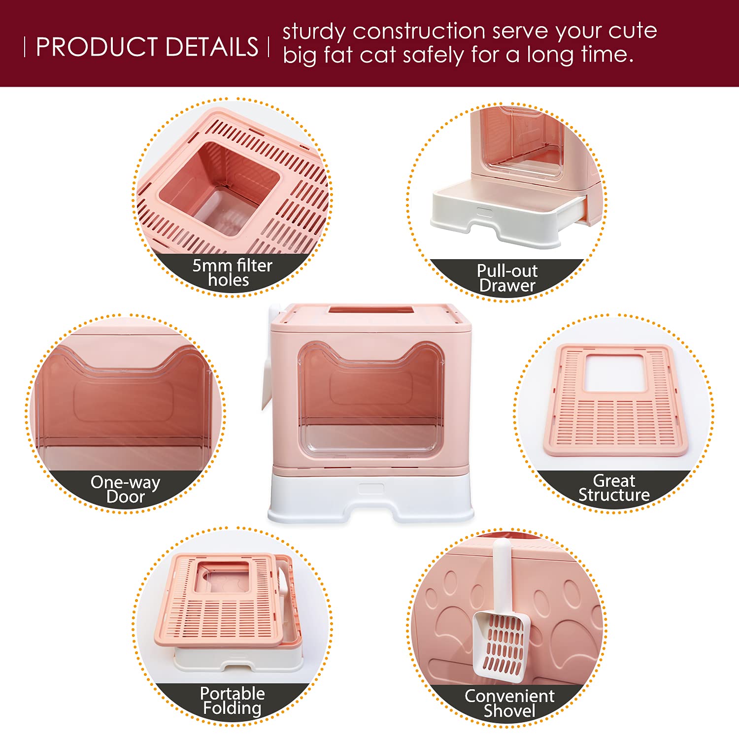 Naivees Large Cat Litter Box Foldable Jumbo Top Entry Covered Litter Box with Lid , No Smell Easy to Clean Pet Litter Box with Shovel