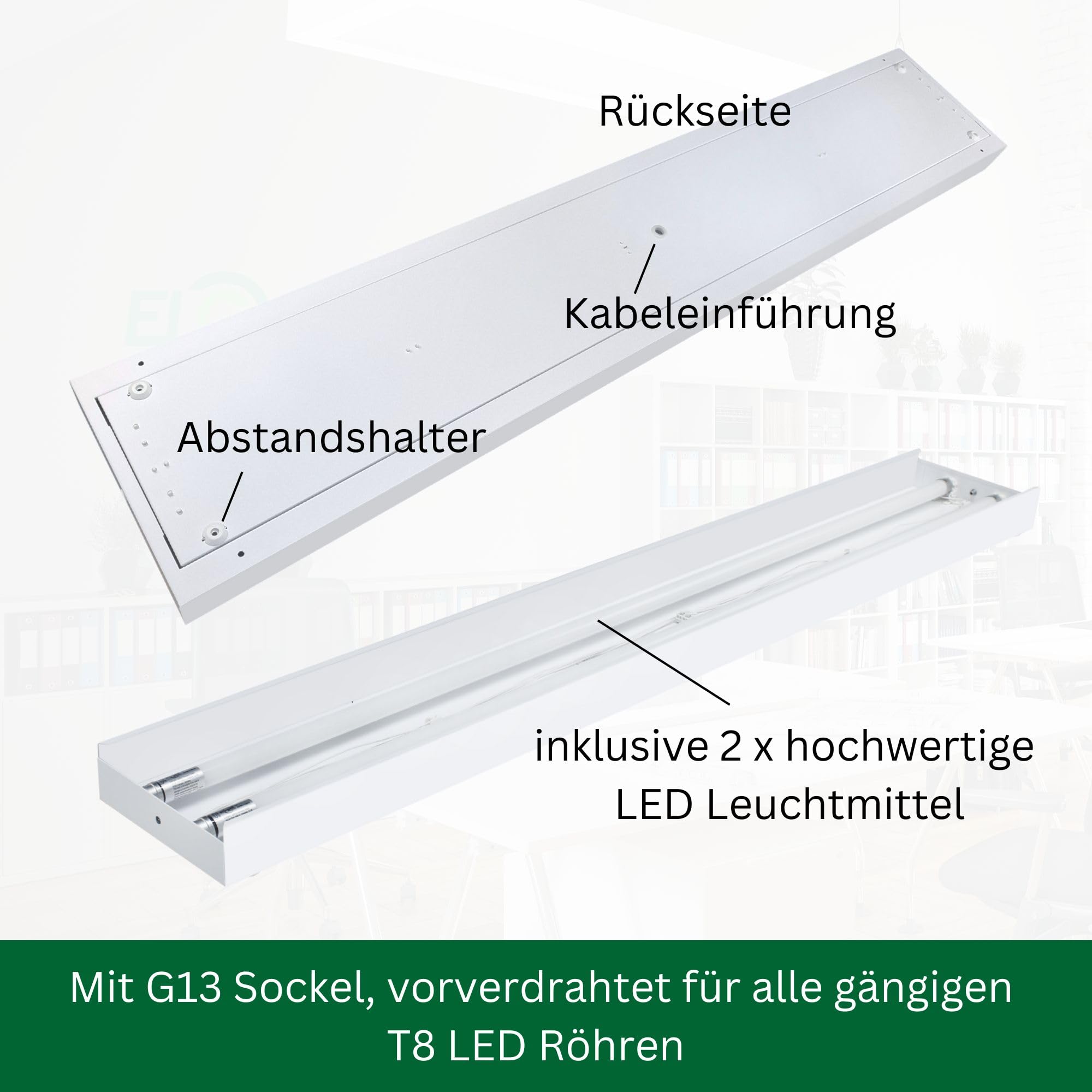 LED Aufbauleuchte 150cm 2-flammig mit 3000K LED Röhren | Mikroprismatische Abdeckung, 2 x 20 Watt 5580lm, 3000K Warmweiß, 139,5 lm/W, Büroleuchte Deckenleuchte optional Pendelleuchte