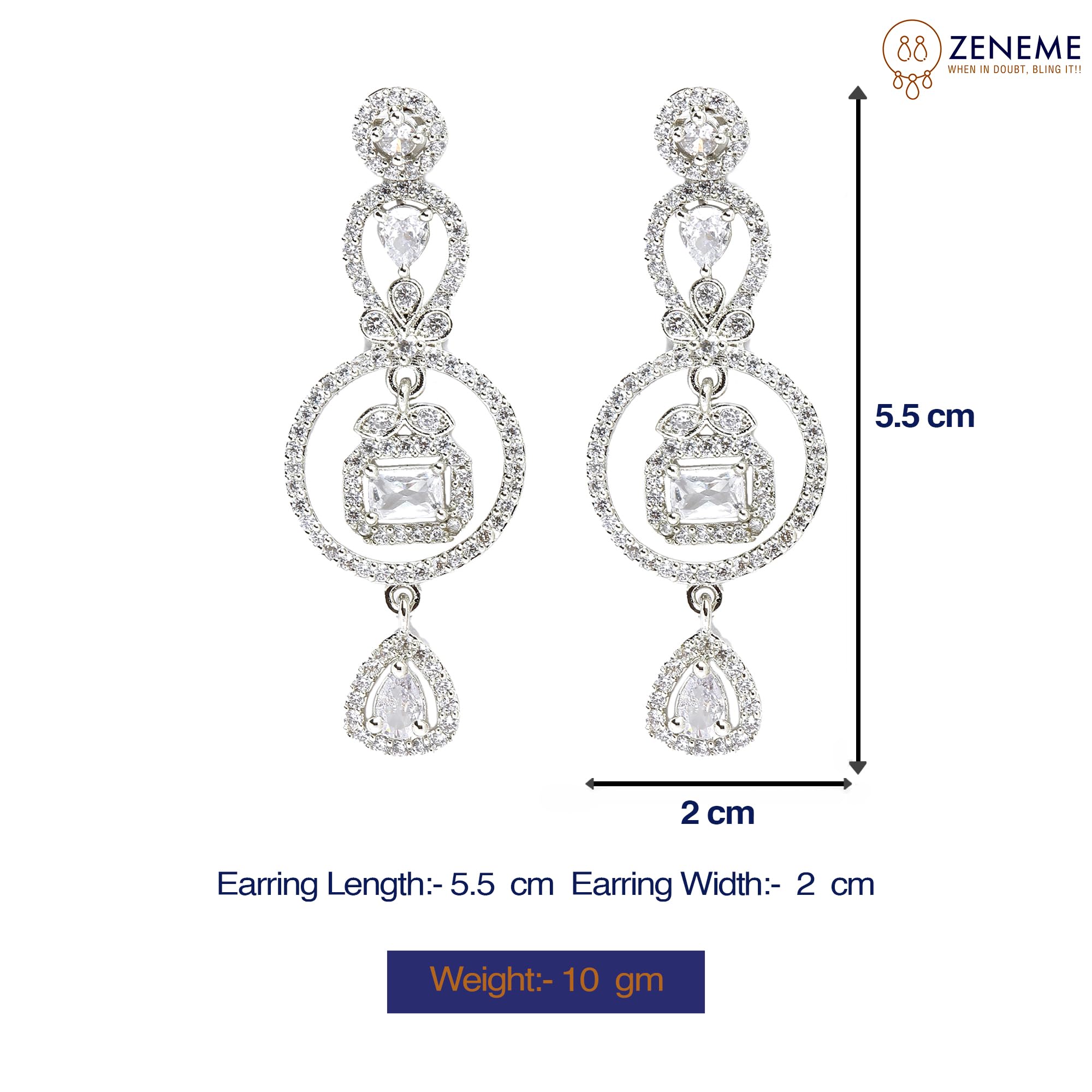 Rhodium-Plated Circular Drop Earrings with American Diamonds