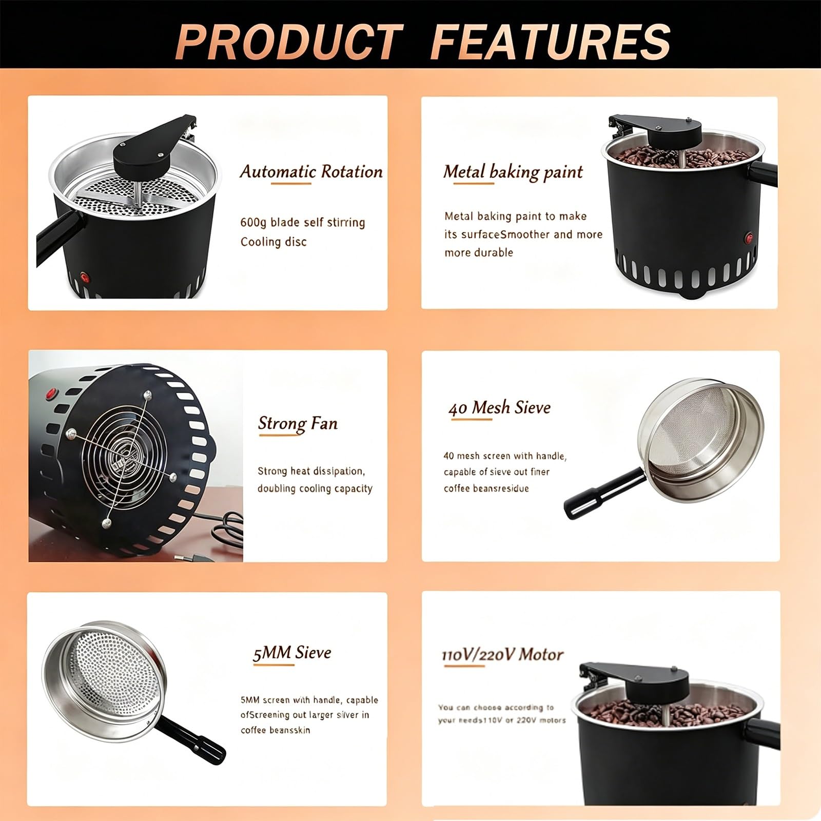 Bandeja de Enfriamiento de Café Eléctrica 500G, Enfriador de Granos Rotatorio con Agitación Automática, 40 Mallas y Tamices de 5 Mm for Asar en Casa