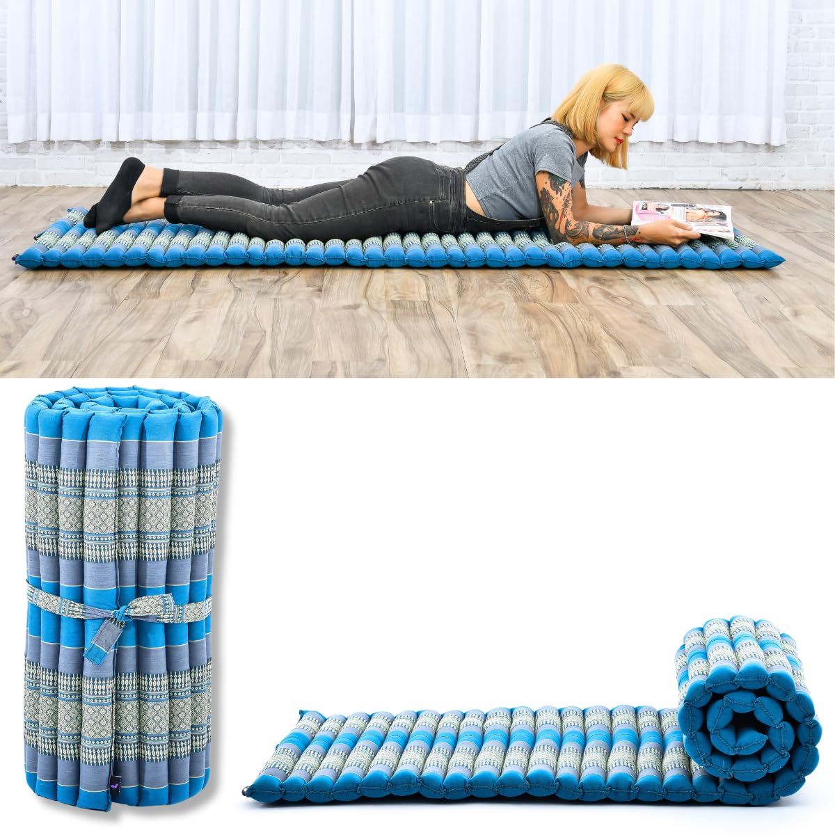Leewadee - Foldable Floor Mattress - Japanese Roll Up Futon -Trifold Tatami Mat- Guest Floor Bed - Camping Mattress - Thai Massage Mat, Kapok Filled, 75 x 28 inches, Light Blue