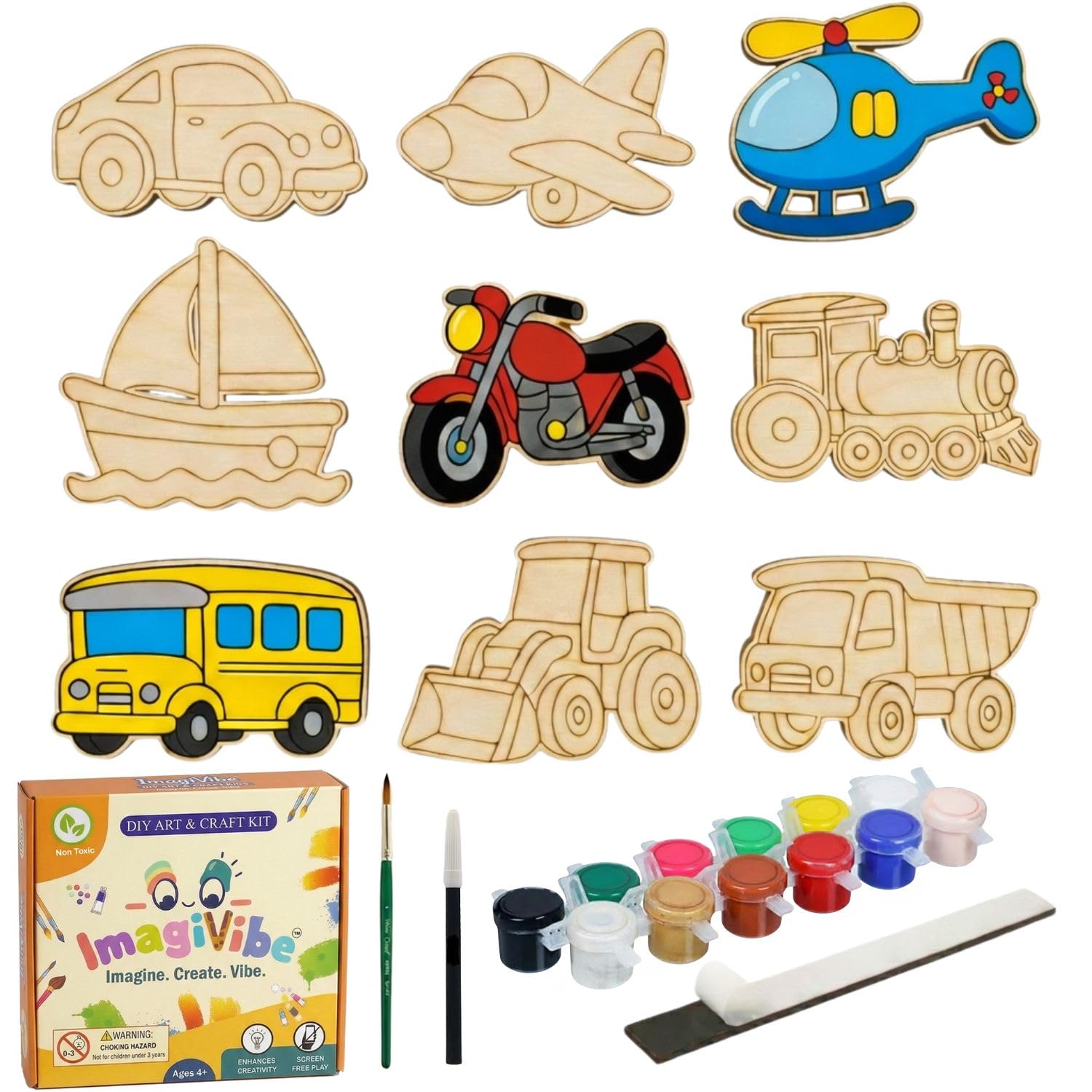 ImagiVibe Paint Your Own 9 Transport Vehicles Fridge Magnet DIY Kit for Kids | Transport Theme MDF Painting Craft Set | Creative Art & Craft Activity | Made in India (Transport)