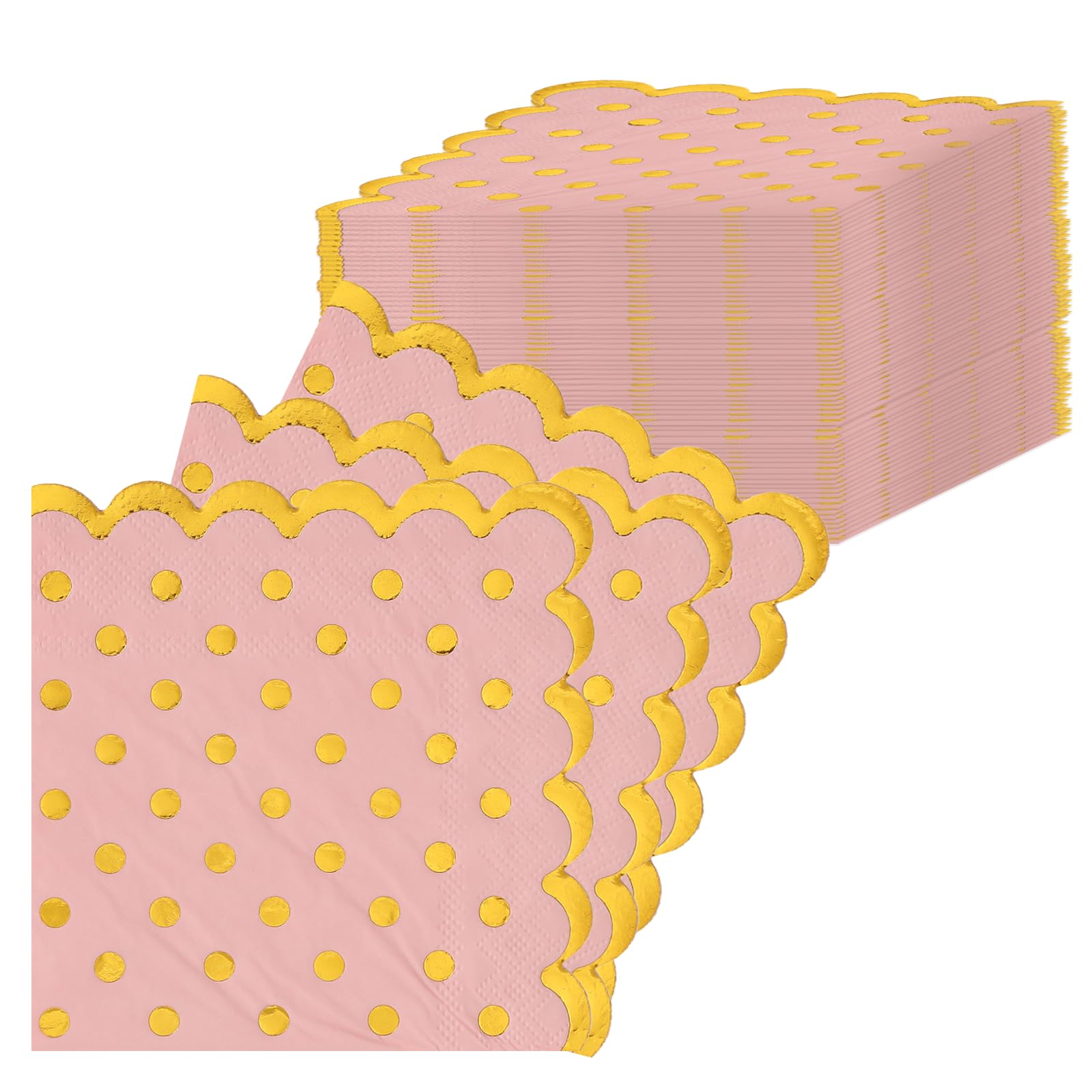 INPION 40Pcs Gold Polka Dot Party Napkins, 25x25cm Scalloped Gold Edges Napkins Serviettes 2-Ply Disposable Cocktail Napkin Napkin Tissue Decorative for Wedding Birthday Anniversar Party (Pink)