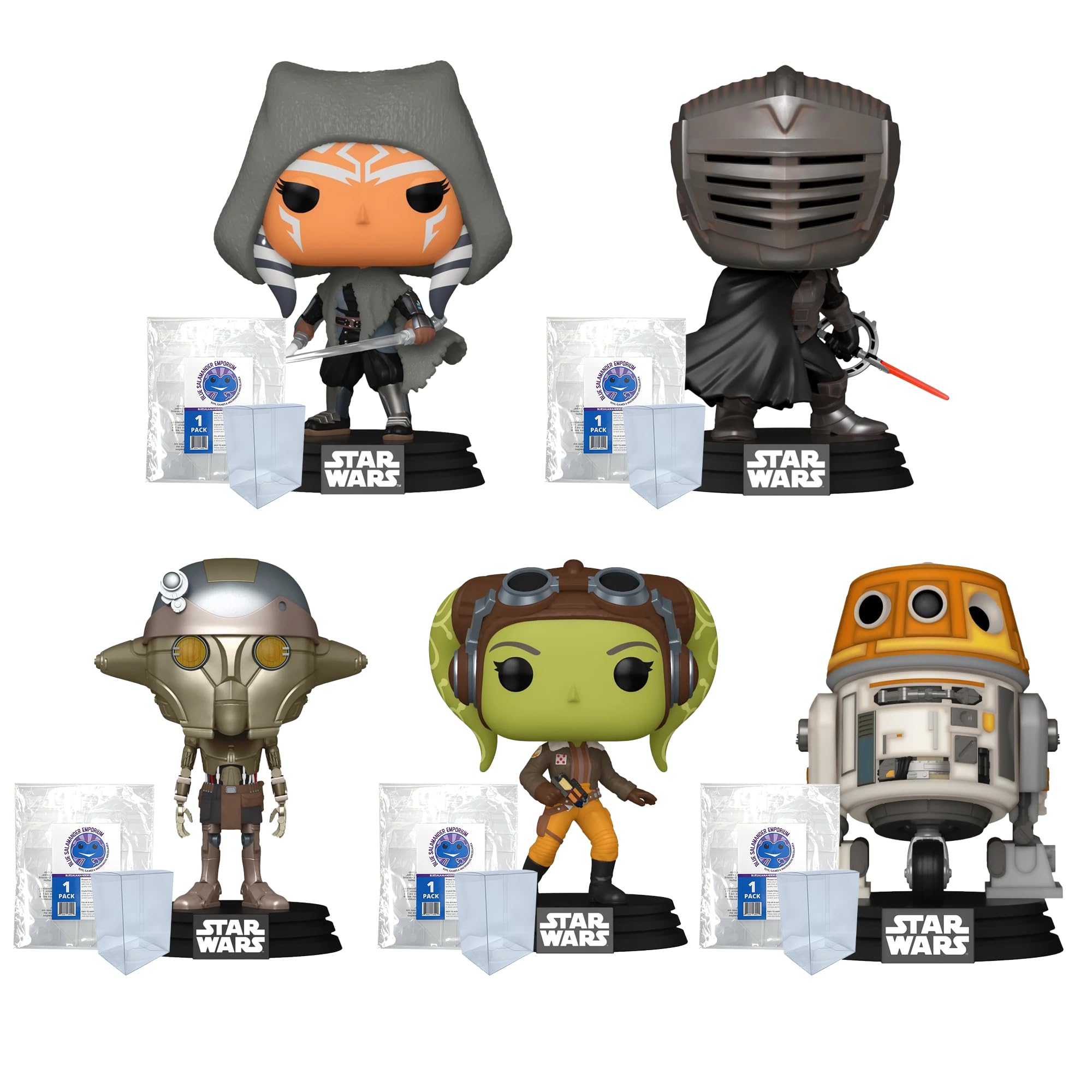 Blue Salamander Emporium Plastic Protector Cases Bundled with Ahsoka Set of 5: Ahsoka Tano #650, Marrok #651, Professor Huyang #652, General Hera Syndulla #653, C1-10P (Chopper) #654 Vinyl Figures
