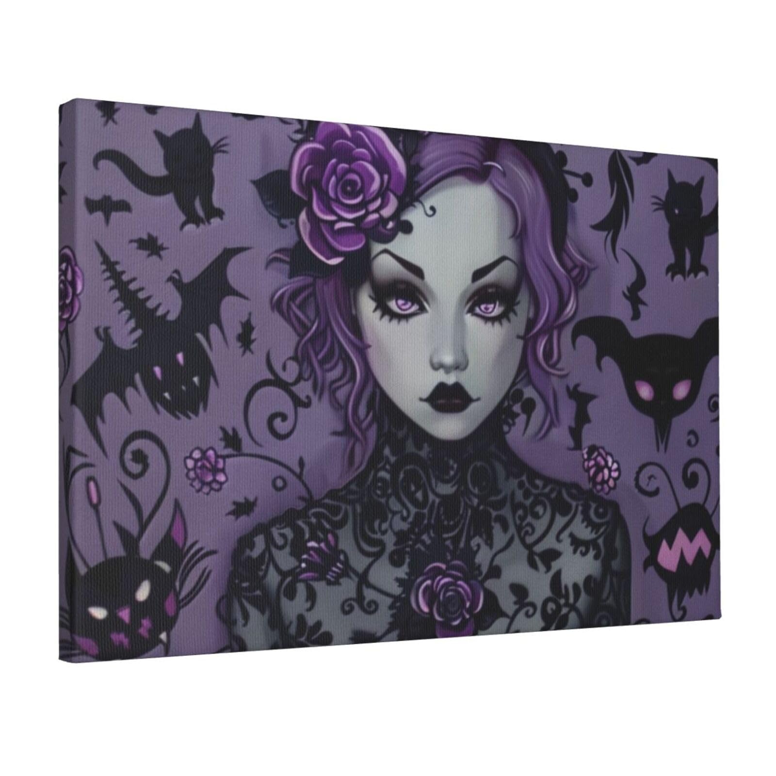 YKLJG Purple Black Goth Spooky Printed Wall Art Canvas Prints 45x30 CM Wooden Framed Picture Painting Artwork for Bedroom Kitchen Home Office Decor