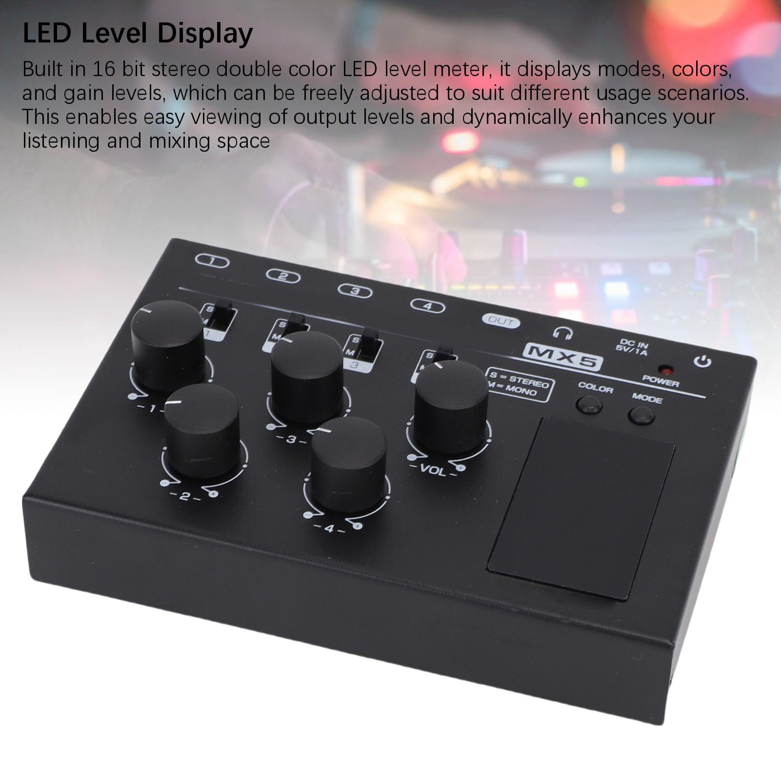 Drfeify 4-Kanal-Mini-Mixer, Kompakter, Rauscharmer Audio-Mixer für PC-DJ-Studio und Live-Sound, Vielseitige Konnektivität, Unabhängige Stereo-/Mono-Steuerung, Klare LED-Pegelanzeige, Reichhaltig