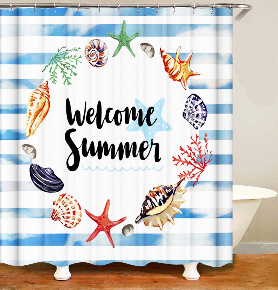 KALEFUL Summer Theme Shower Curtain 2021 New - Summer Decorations Summer Sea Starfish Conch Shower Curtains Bathroom Decor 72 x 72 Inches Waterproof Polyester Fabric with 12 Hooks