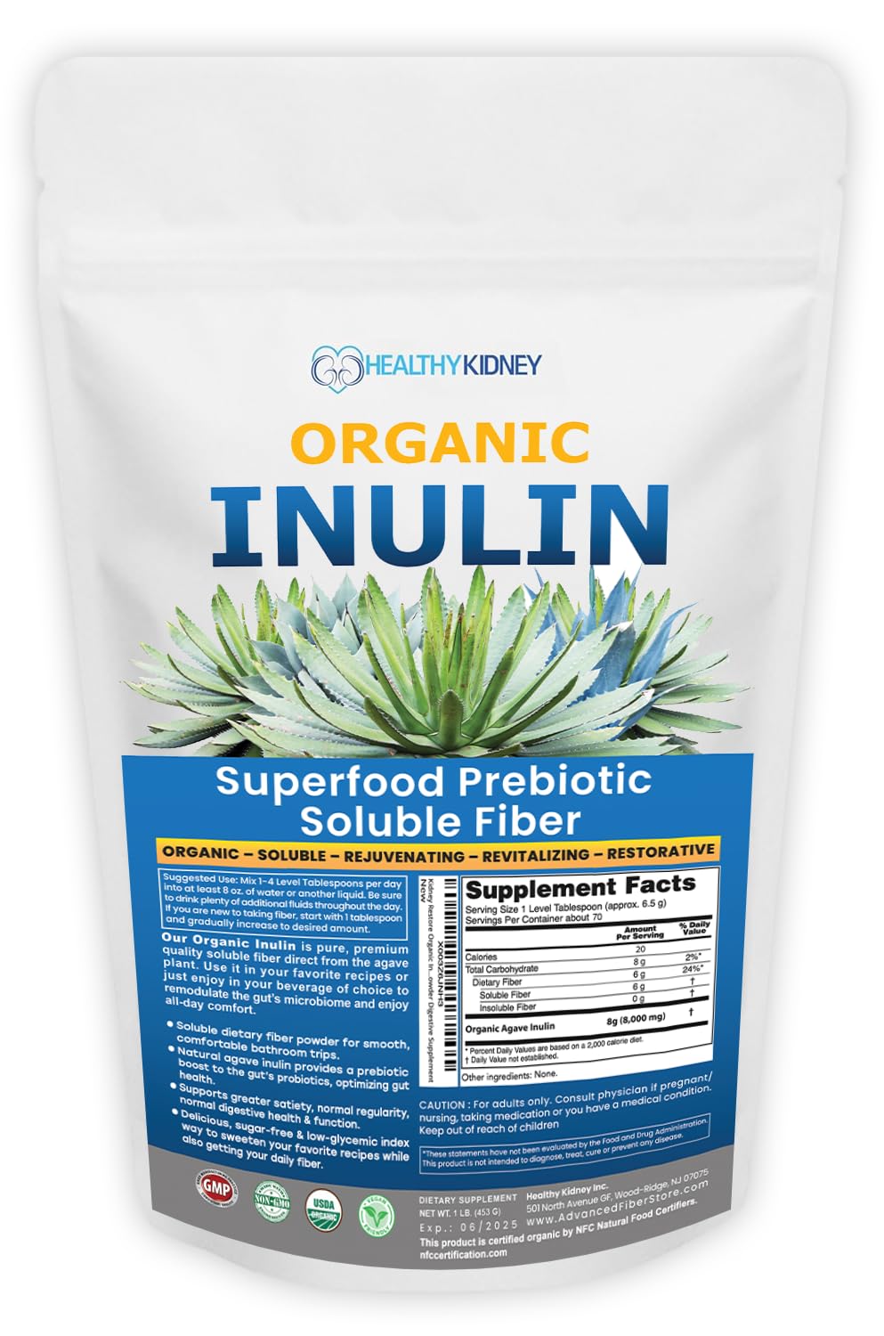Organic Inulin Powder (16oz/1lbs) Gentle Agave Inulin Prebiotic Soluble Fiber Supplement for Digestive Support, Gut Health, Vegan Baking, Smoothies & Drinks